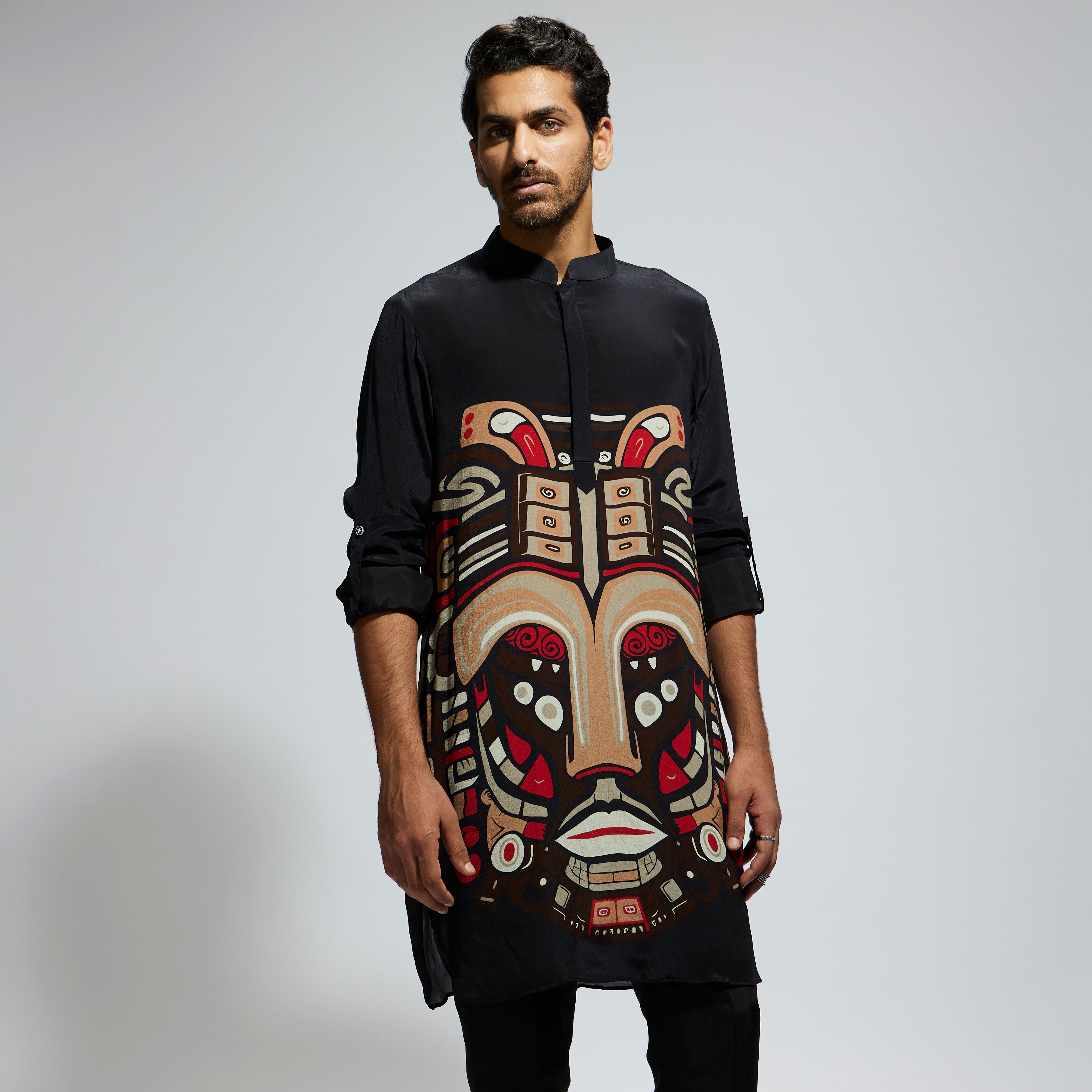 SAMSARA: BLACK MASK PRINT ROLLED UP SLEEVES KURTA