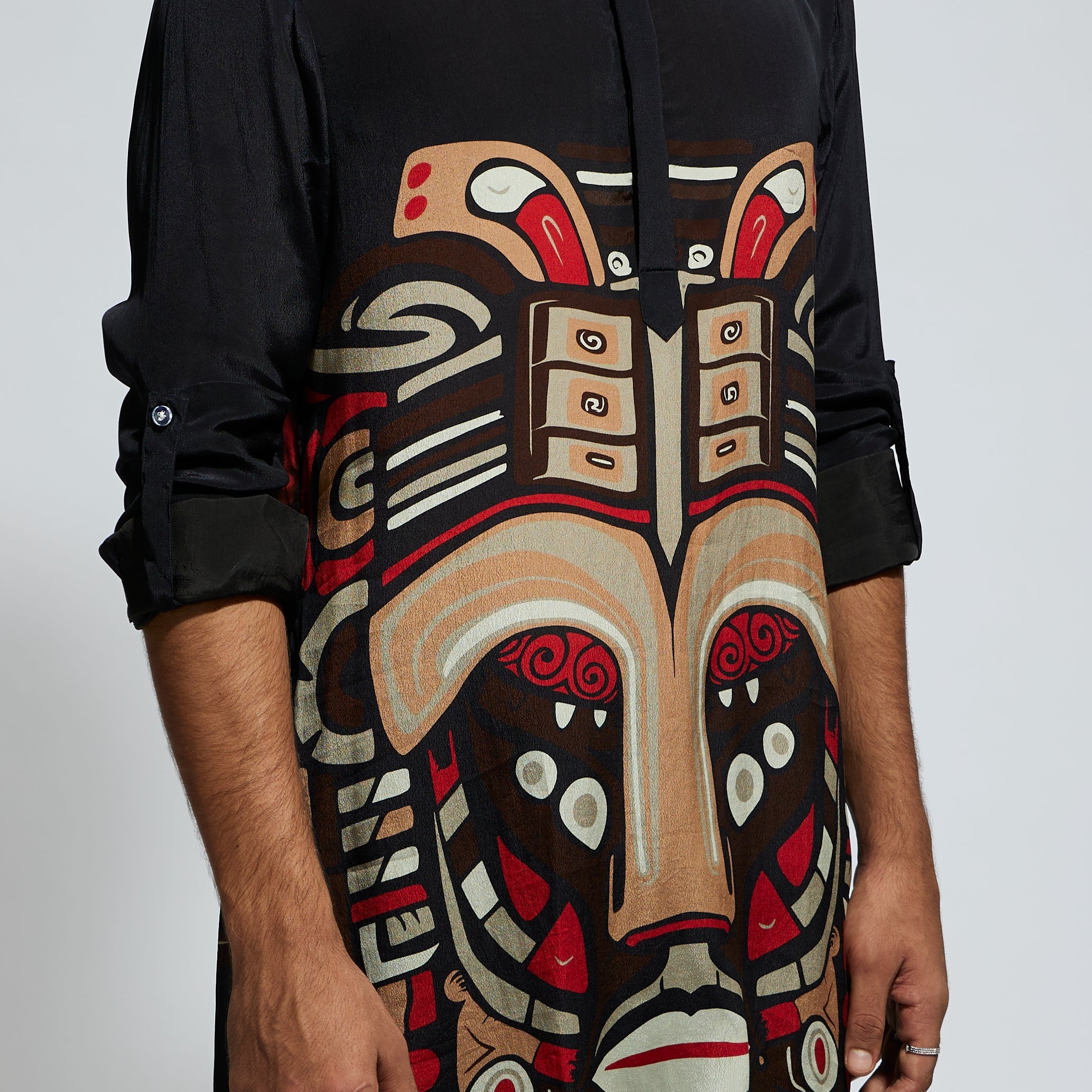 SAMSARA: BLACK MASK PRINT ROLLED UP SLEEVES KURTA