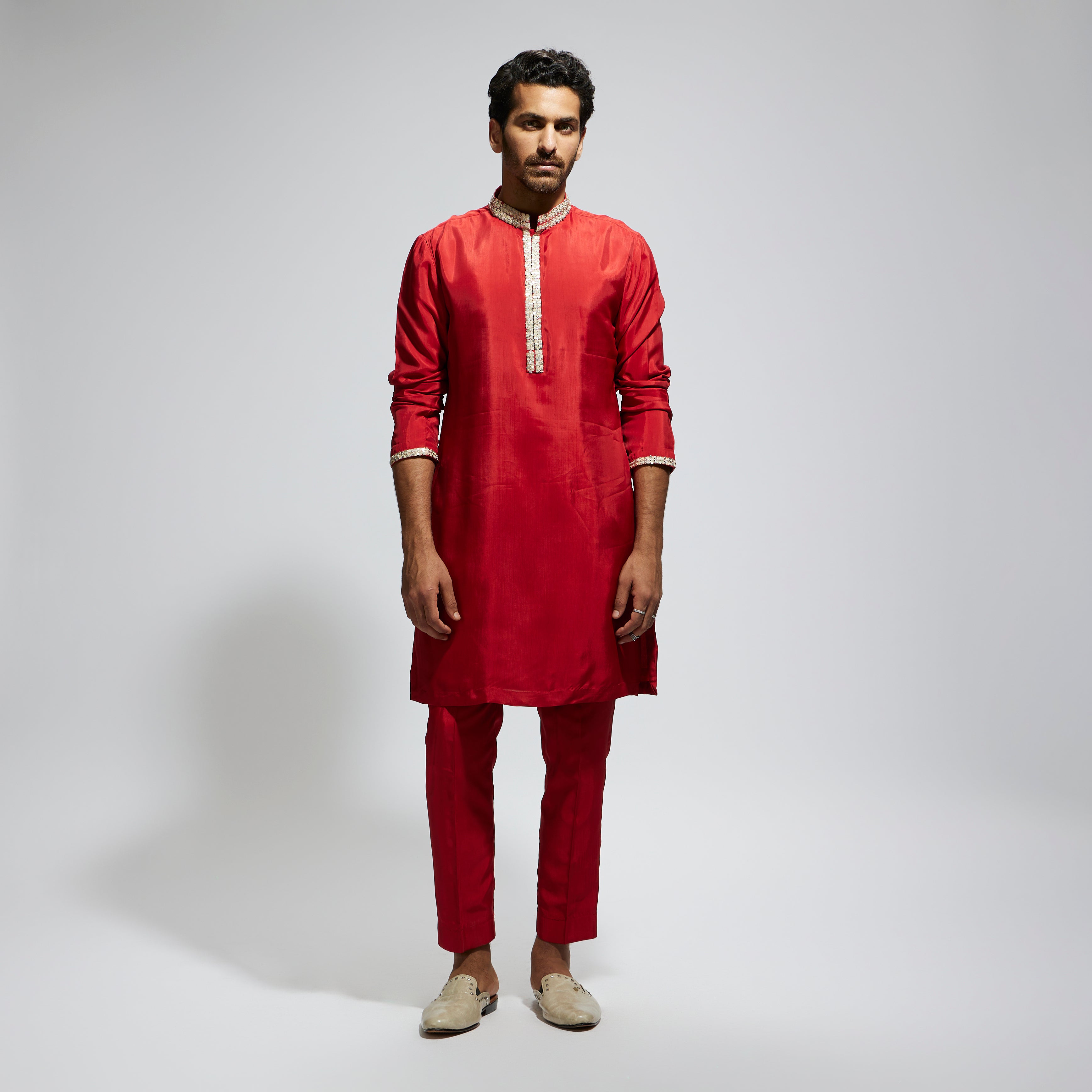 SAMSARA: ORANGE SOLID KURTA WITH EMBELLISHED COLLAR AND PANTS