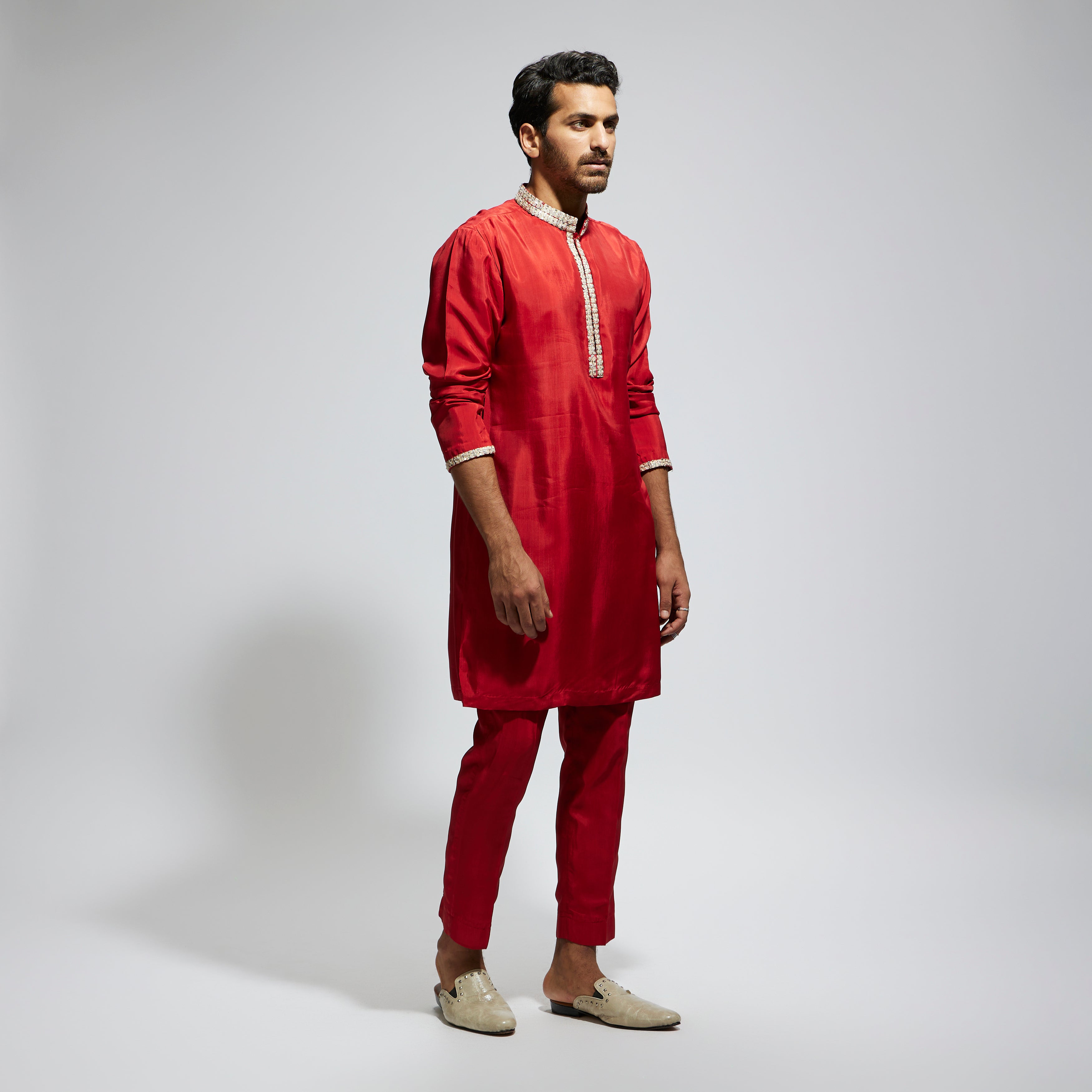 SAMSARA: ORANGE SOLID KURTA WITH EMBELLISHED COLLAR AND PANTS