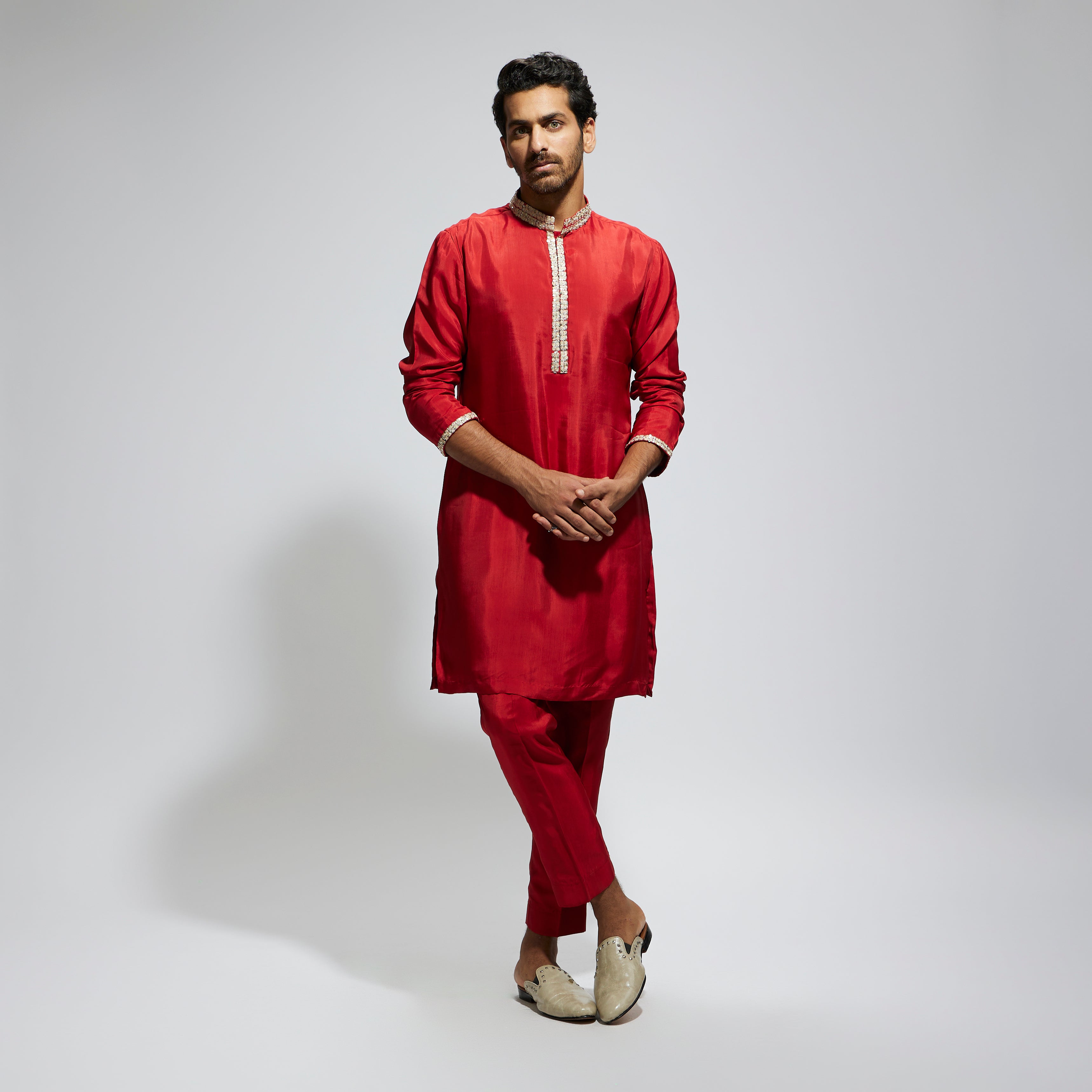 SAMSARA: ORANGE SOLID KURTA WITH EMBELLISHED COLLAR AND PANTS