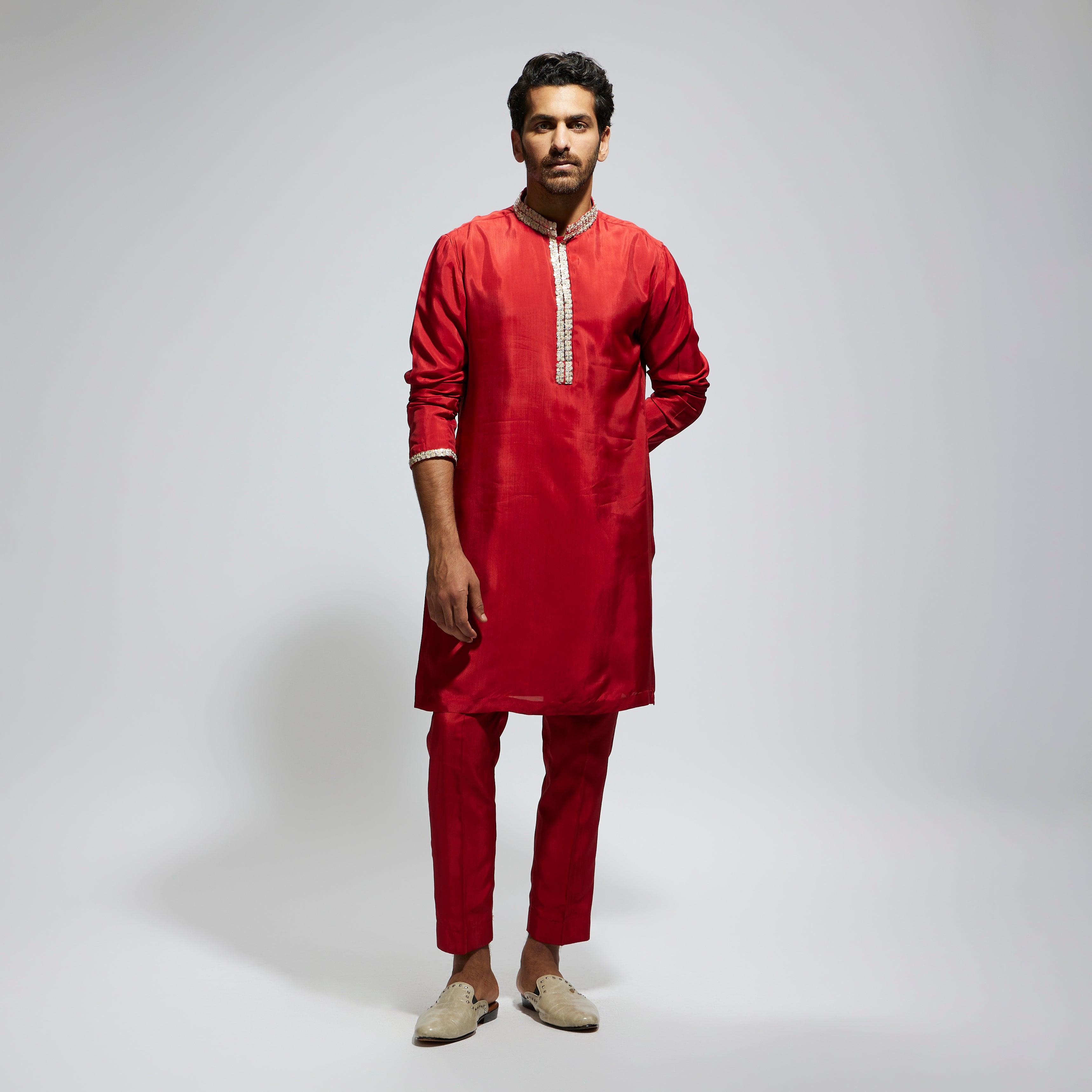 SAMSARA: ORANGE SOLID KURTA WITH EMBELLISHED COLLAR AND PANTS