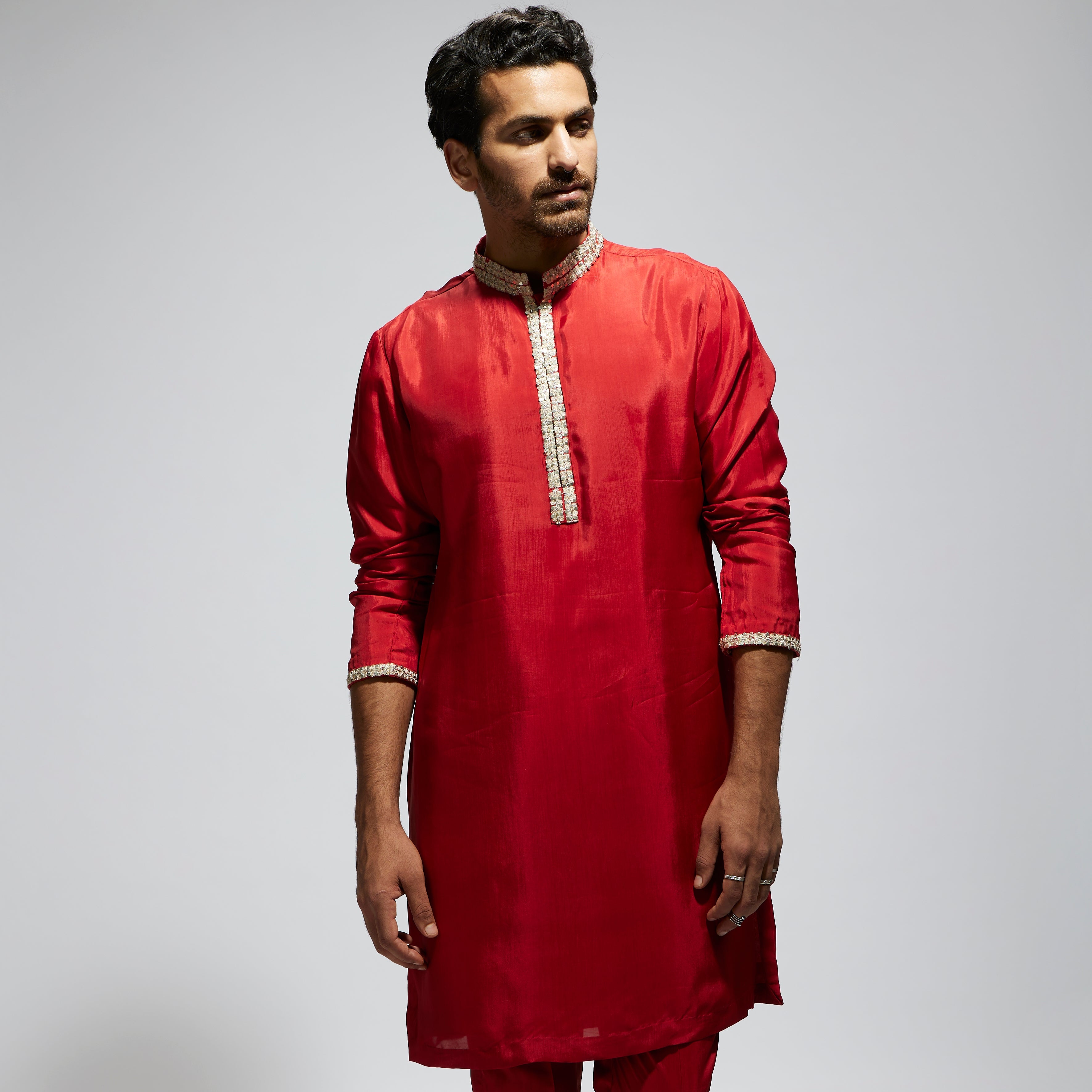 SAMSARA: ORANGE SOLID KURTA WITH EMBELLISHED COLLAR AND PANTS