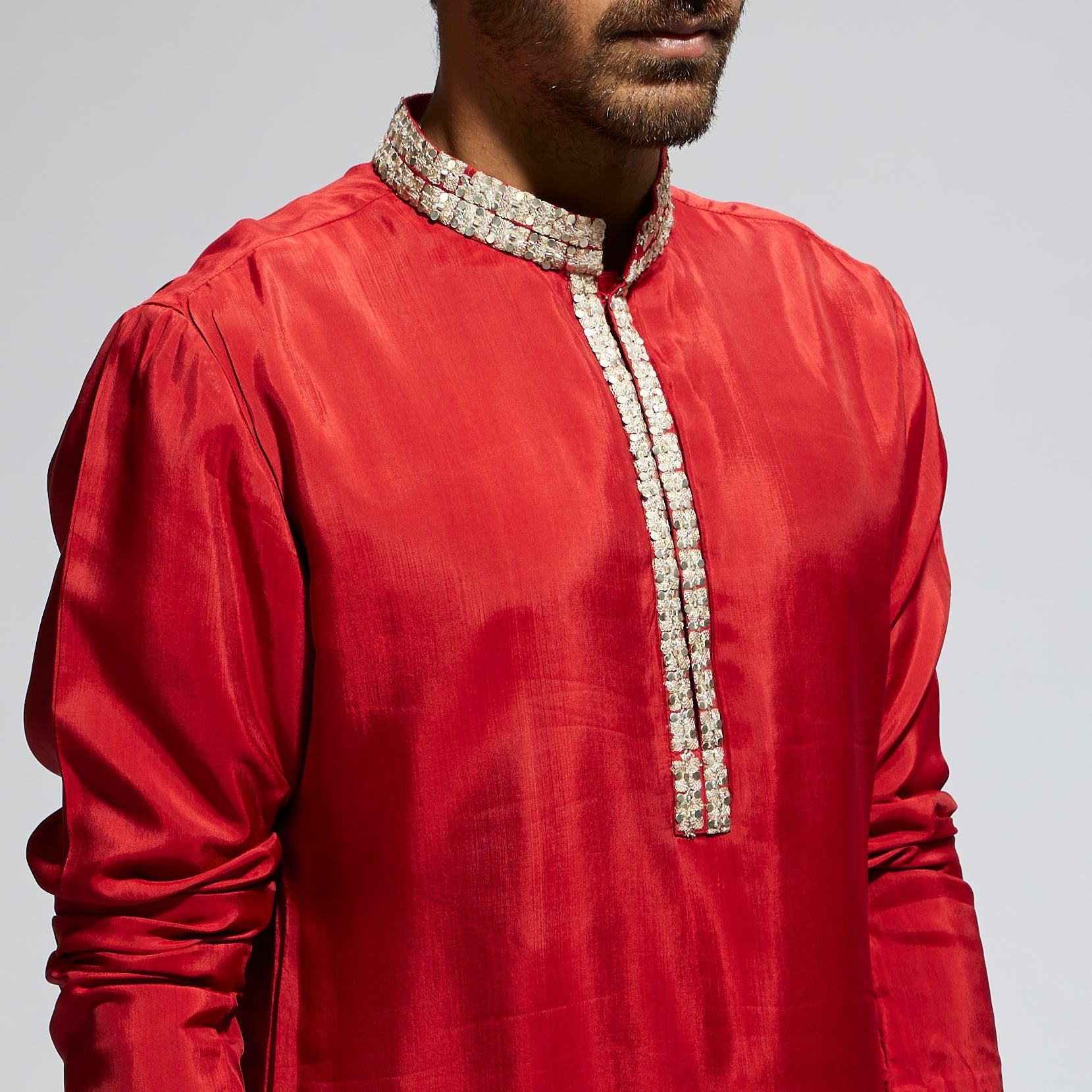 SAMSARA: ORANGE SOLID KURTA WITH EMBELLISHED COLLAR AND PANTS