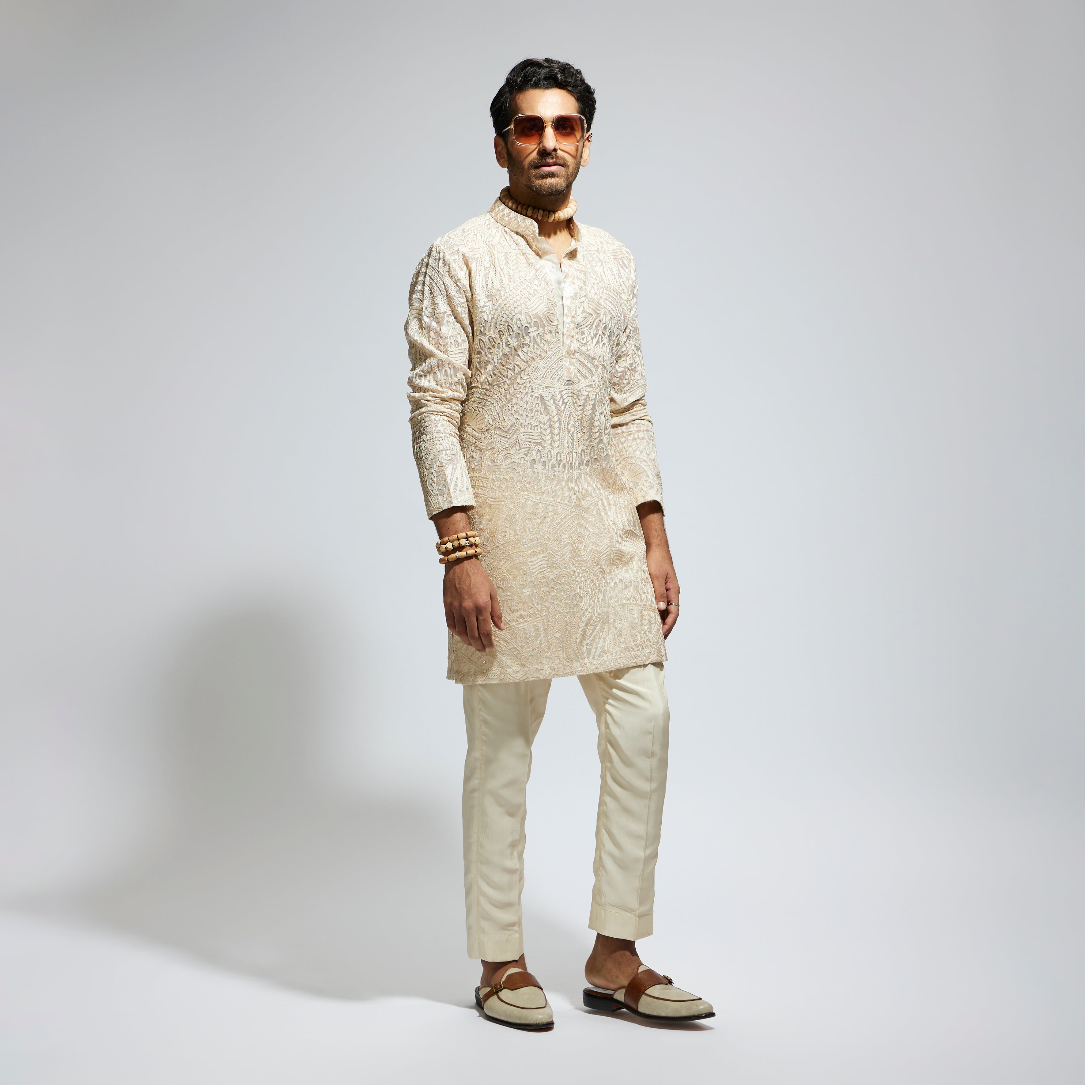 SAMSARA: BEIGE ORGANZA EMBROIDERED KURTA WITH PANTS