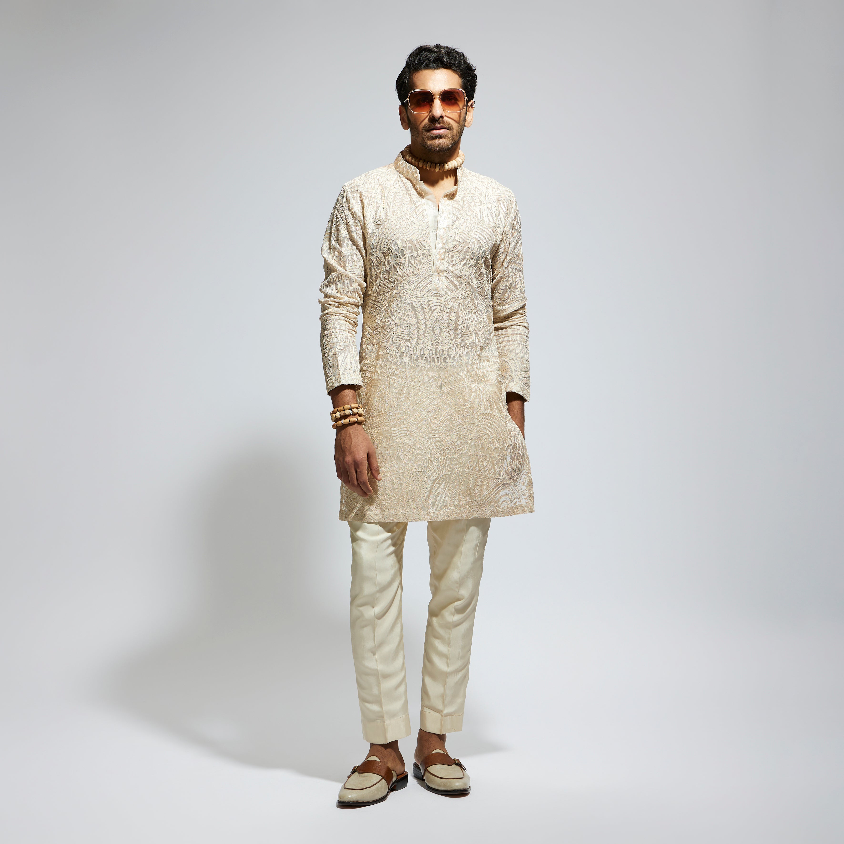 SAMSARA: BEIGE ORGANZA EMBROIDERED KURTA WITH PANTS