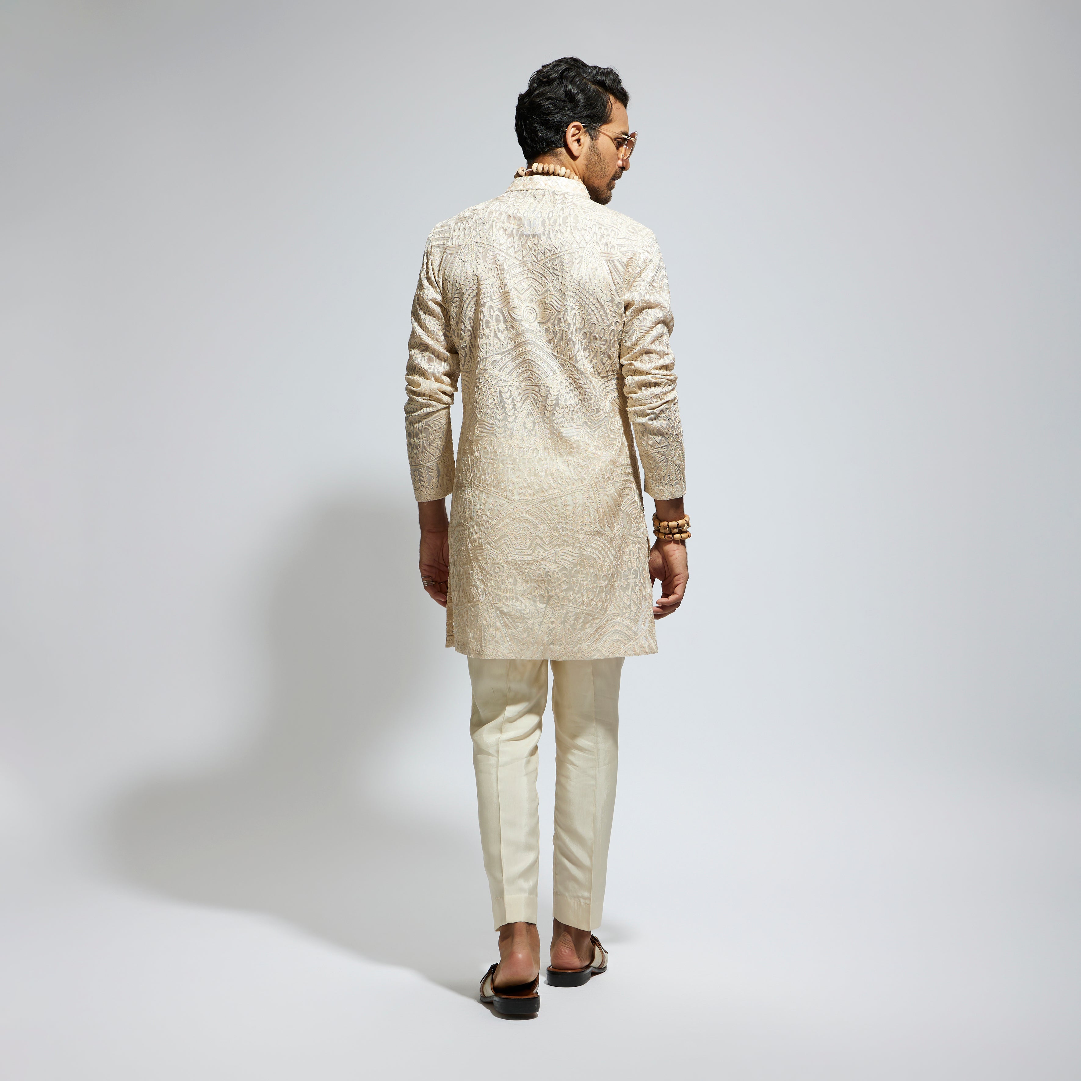 SAMSARA: BEIGE ORGANZA EMBROIDERED KURTA WITH PANTS