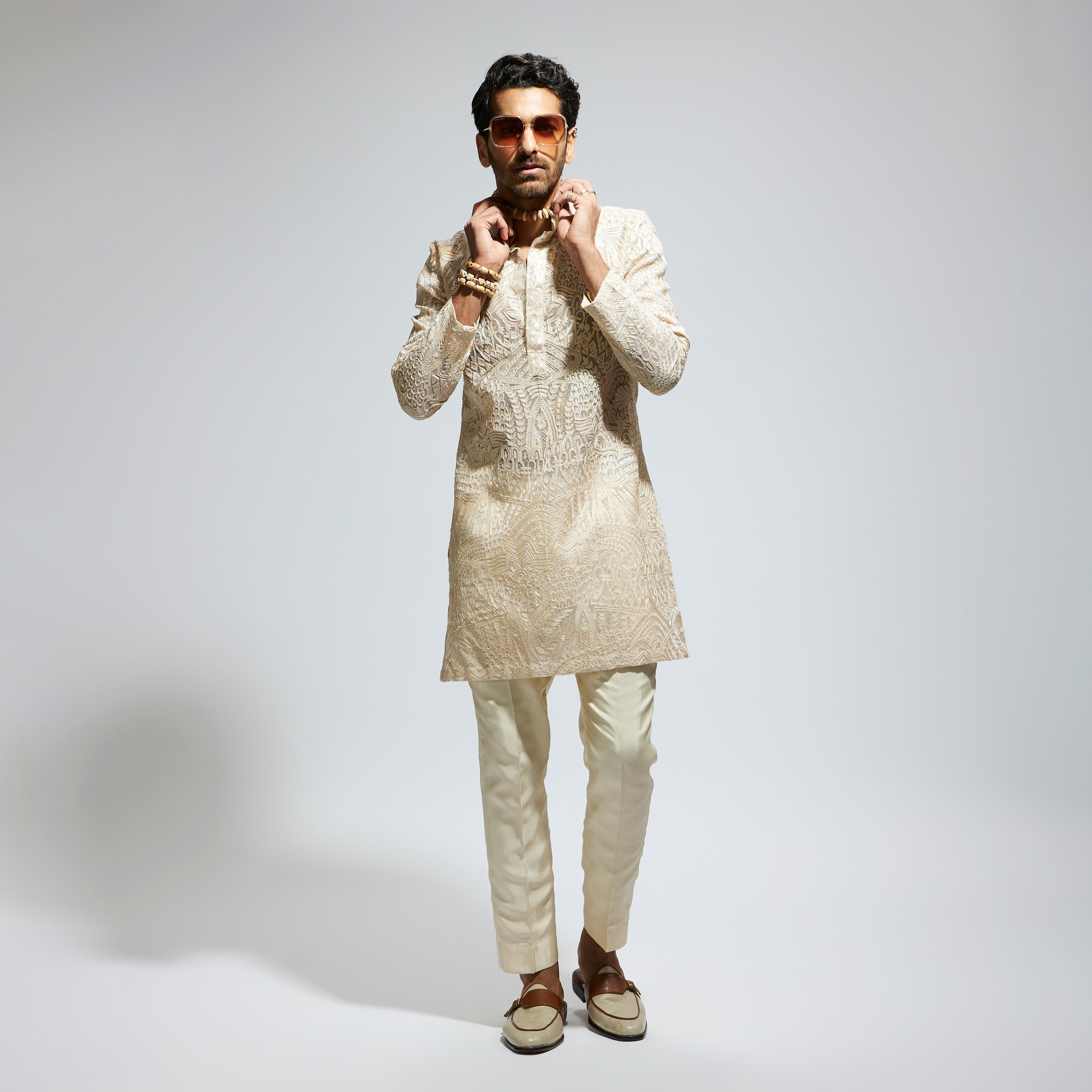 SAMSARA: BEIGE ORGANZA EMBROIDERED KURTA WITH PANTS