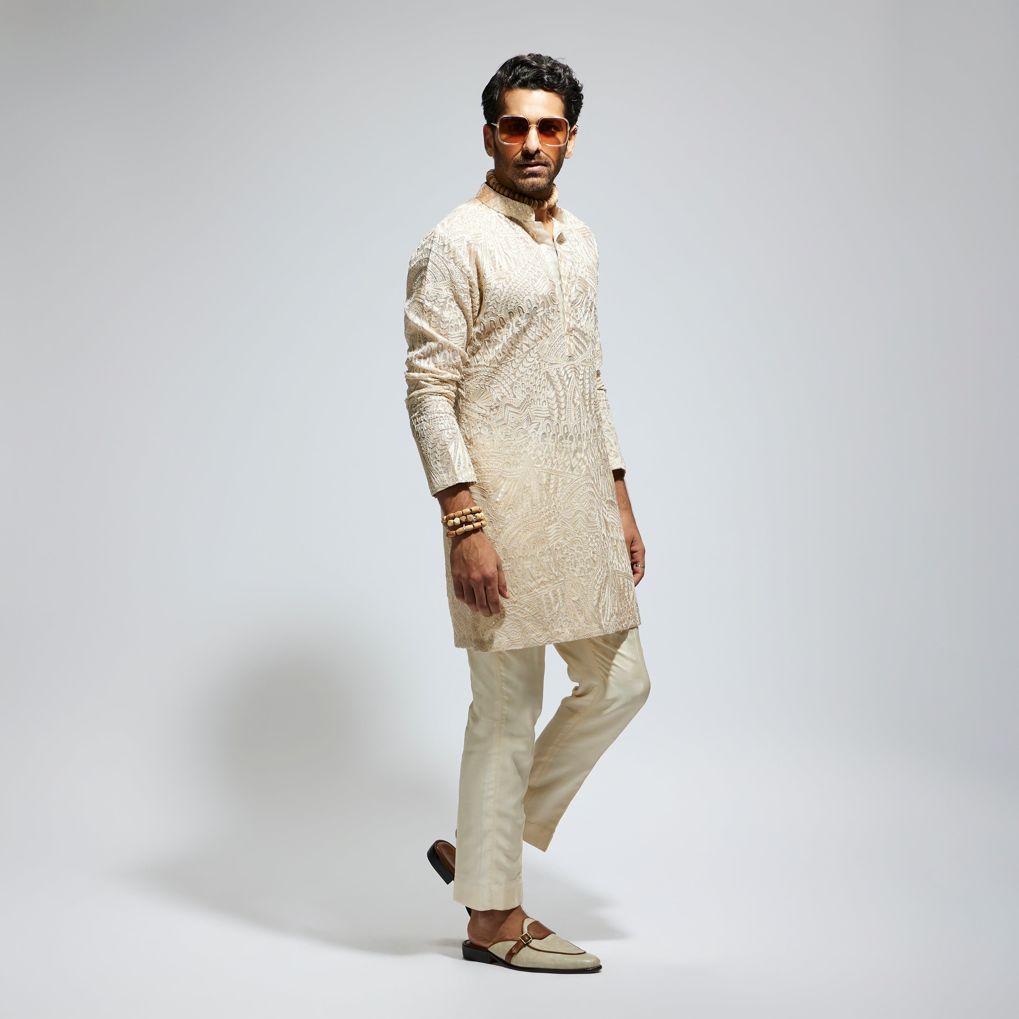 SAMSARA: BEIGE ORGANZA EMBROIDERED KURTA WITH PANTS