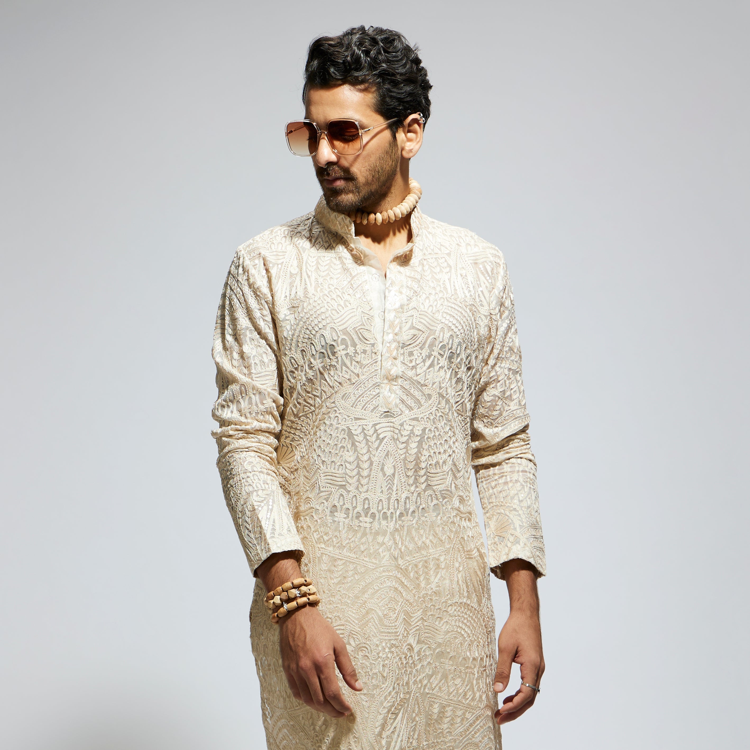 SAMSARA: BEIGE ORGANZA EMBROIDERED KURTA WITH PANTS