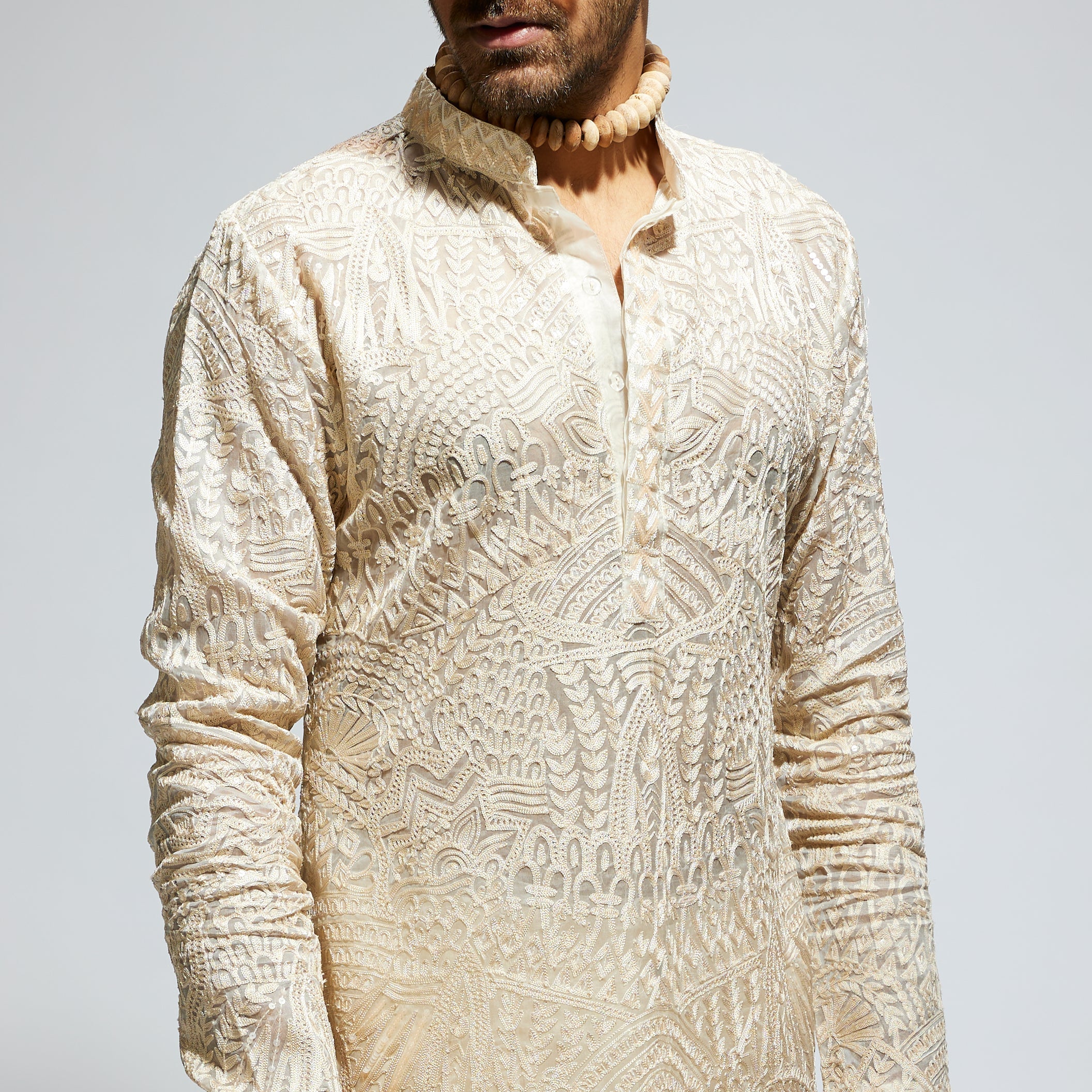 SAMSARA: BEIGE ORGANZA EMBROIDERED KURTA WITH PANTS