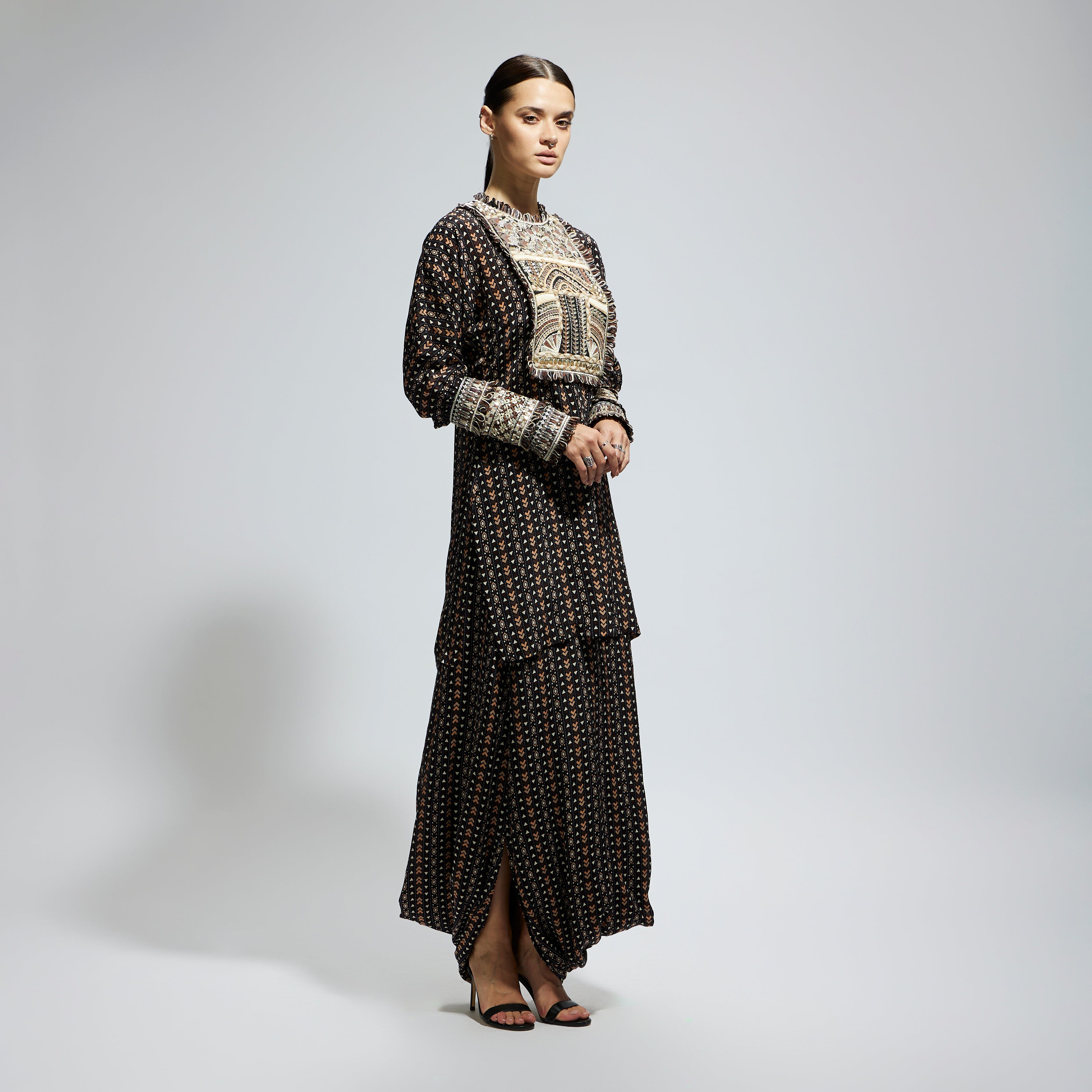 BLACK BOHO PRINTED YOKE EMBROIDERED KURTA WITH DRAPE SKIRT