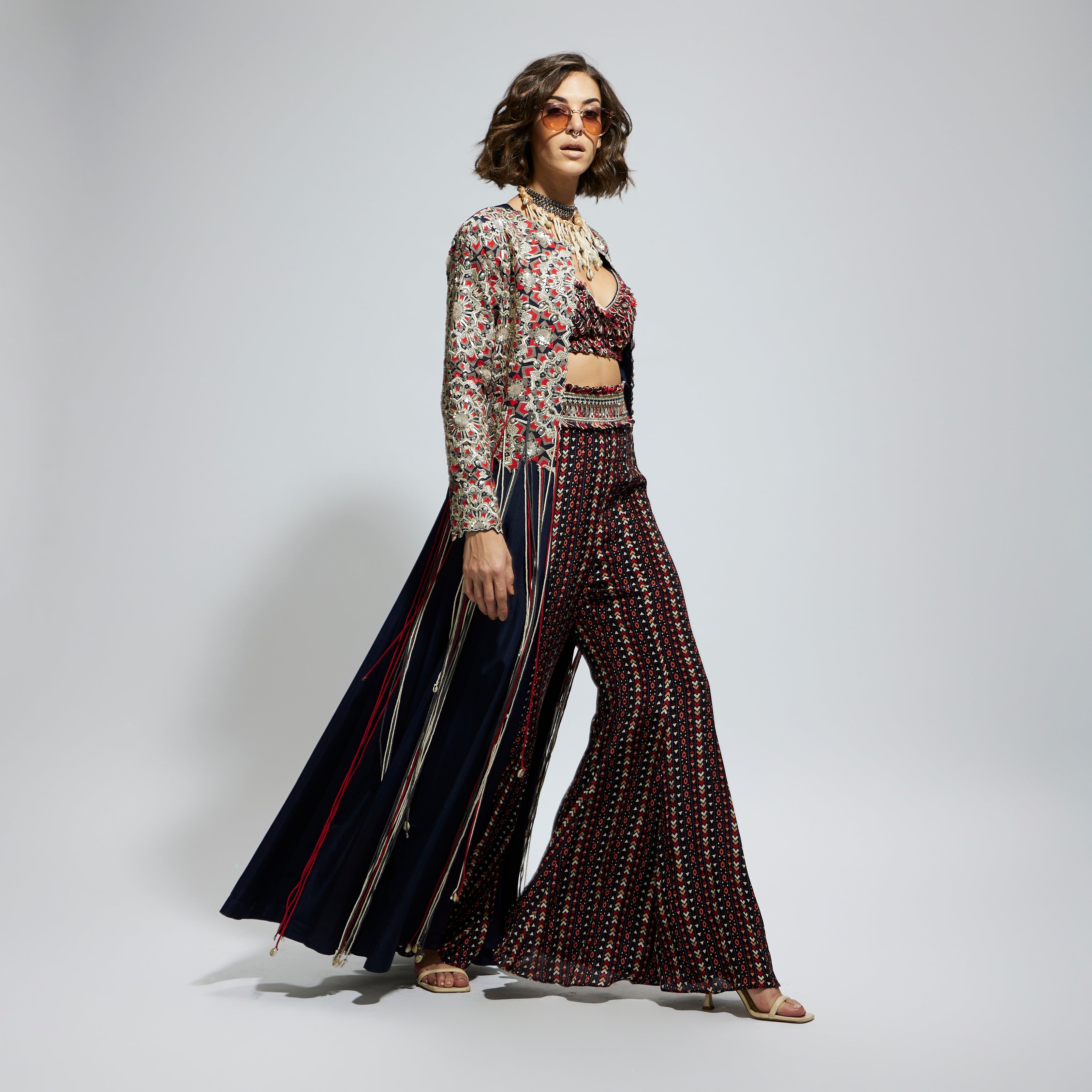 BLUE THREADWORK EMBELLISHED JACKET PAIRED WITH TEXTURED BUSTIER AND BLUE PRINTED SHARARA PANTS