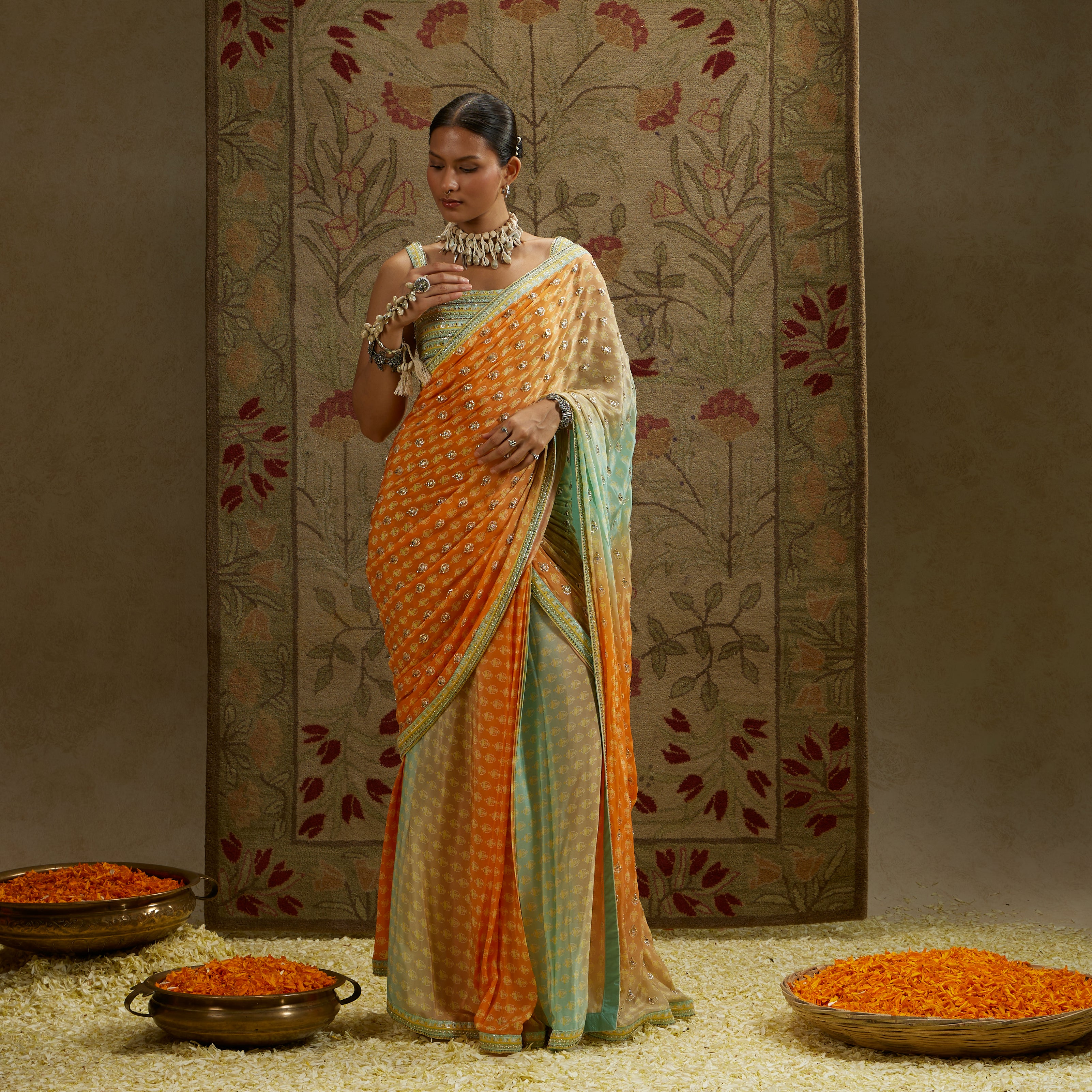 Orange Blue Saree Set