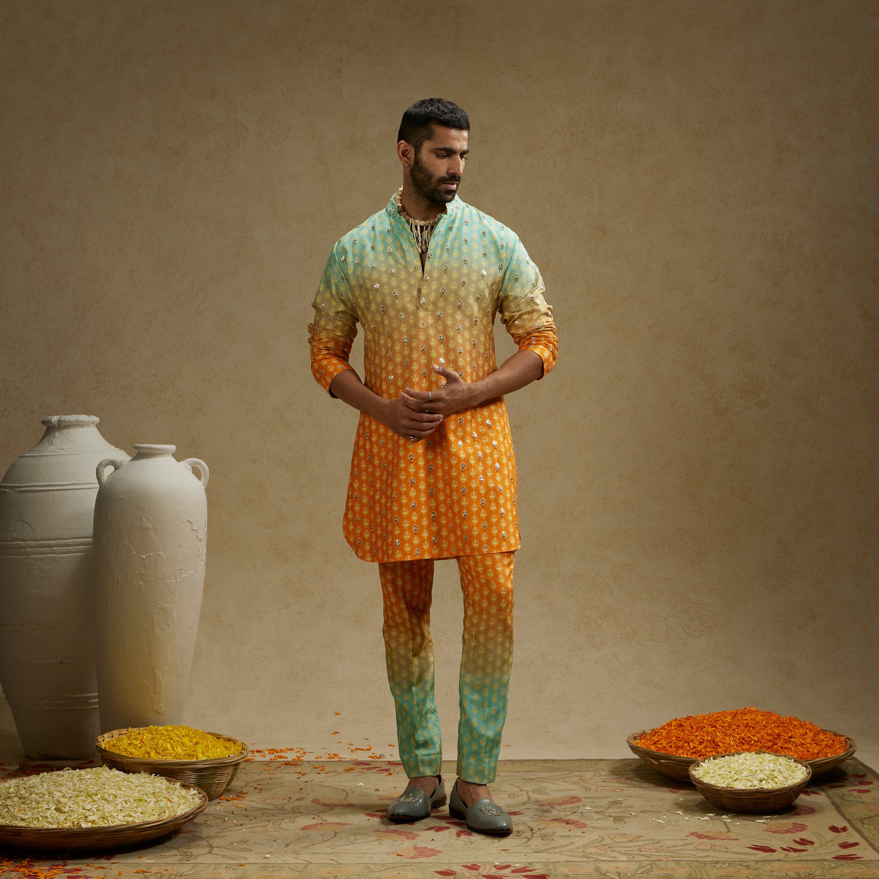 BLUE ORANGE OMBRE PRINT HIGHLIGHTED KURTA SET