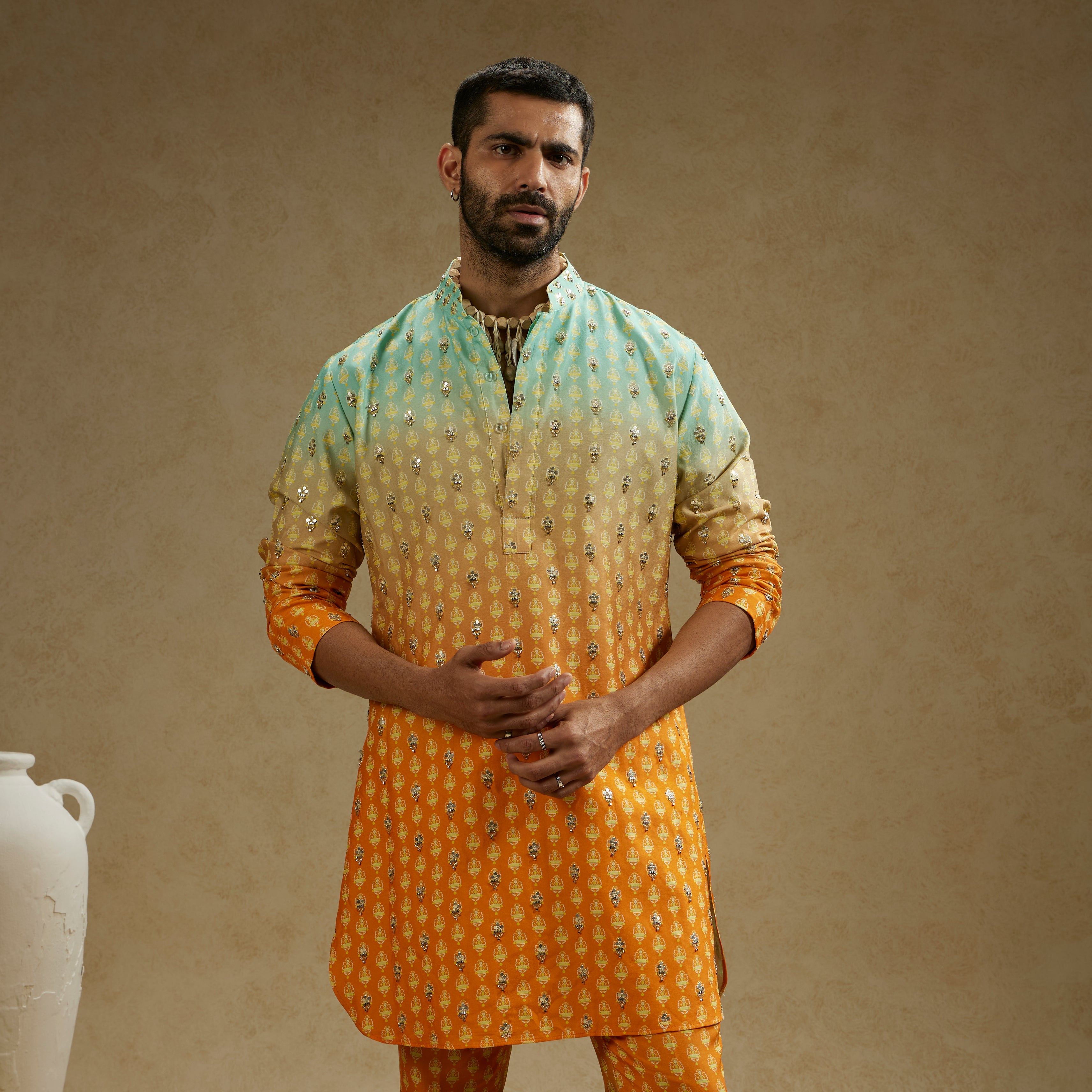 BLUE ORANGE OMBRE PRINT HIGHLIGHTED KURTA SET