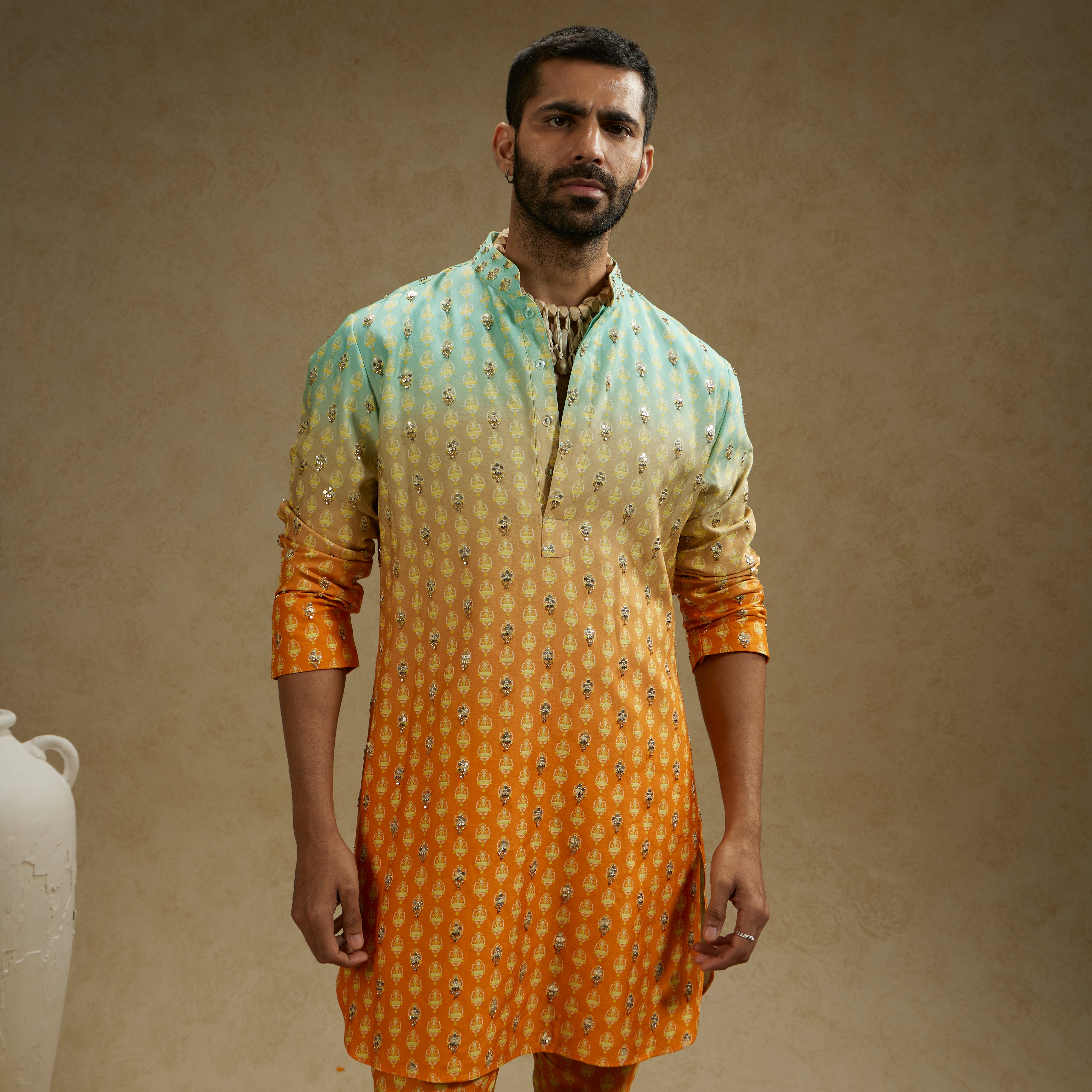 BLUE ORANGE OMBRE PRINT HIGHLIGHTED KURTA SET