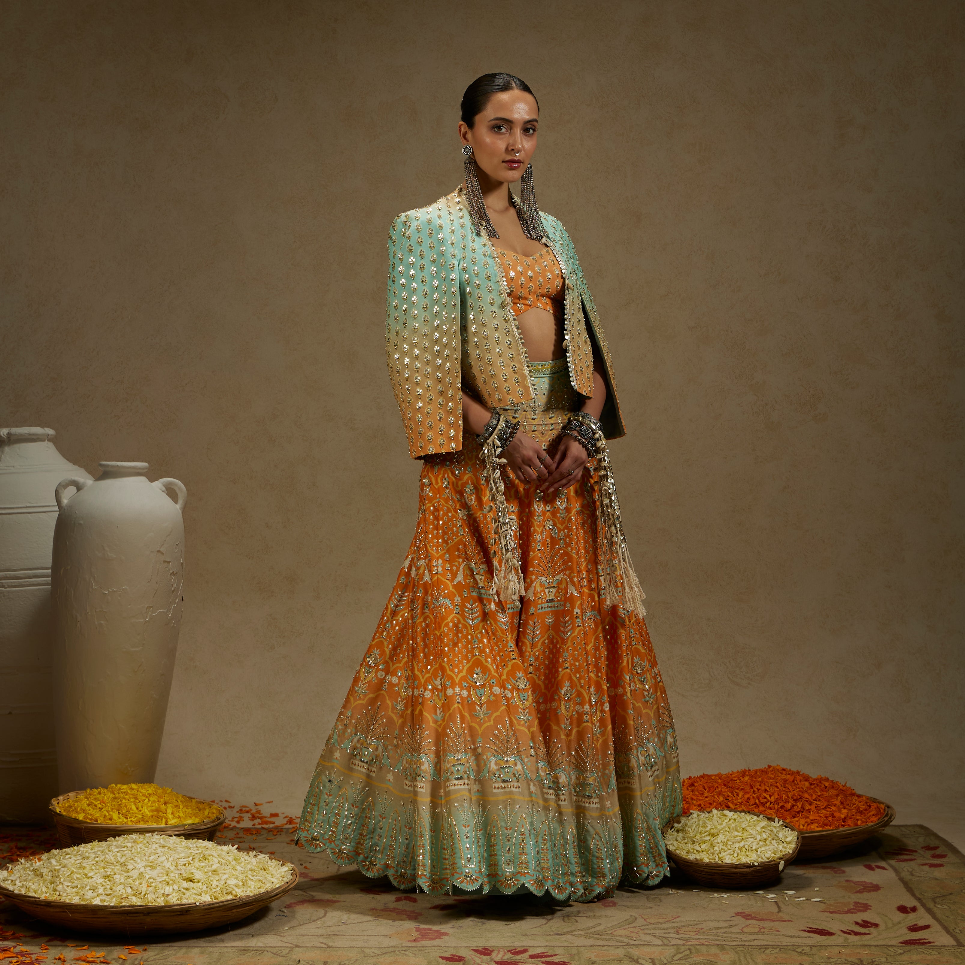 ORANGE BLUE EMBELLISHED NOOR JACKET PAIRED WITH EMBELLISHED BUSTIER AND OMBRE EMBELLISHED LEHENGA