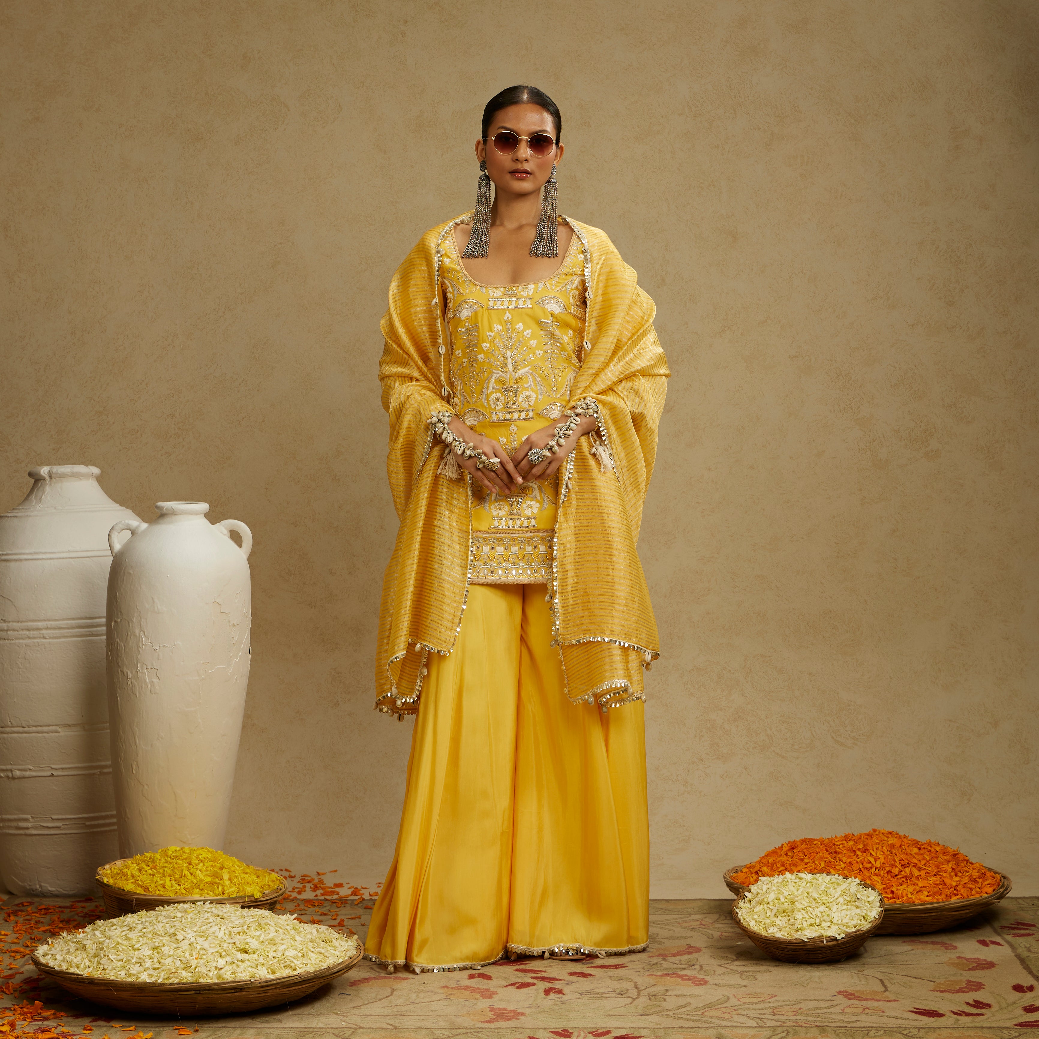 YELLOW EMBELLISHED KURTA PAIRED WITH SHARARA AND STRIPE DUPATTA