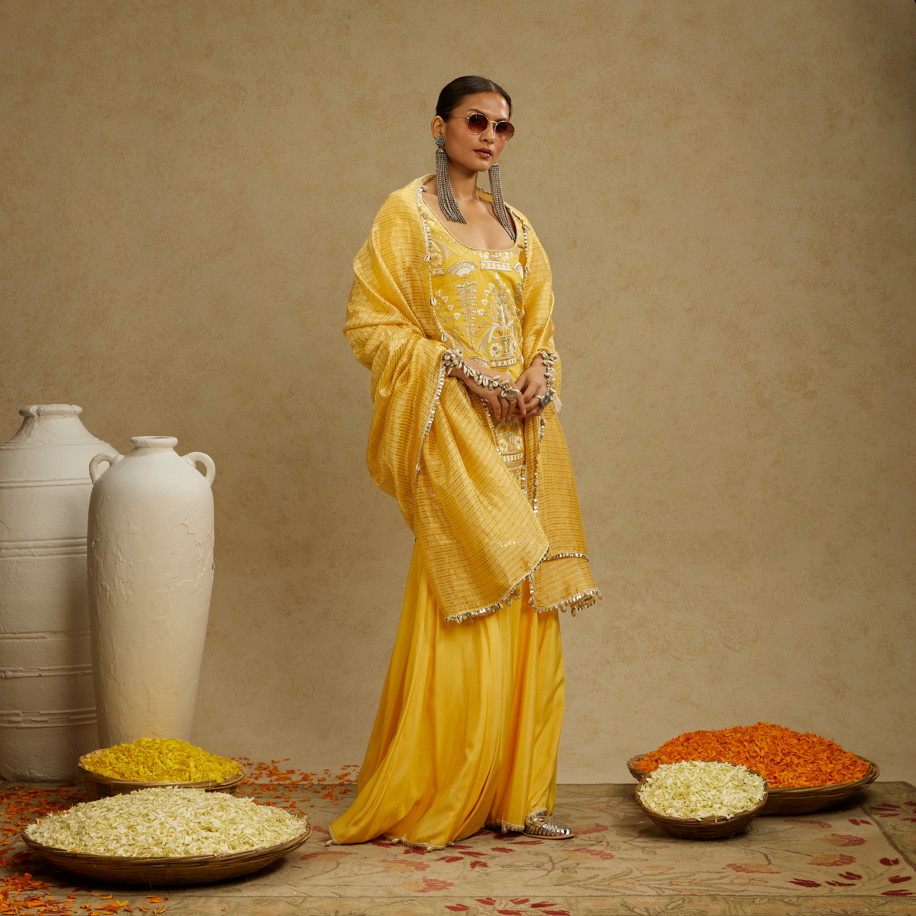 YELLOW EMBELLISHED KURTA PAIRED WITH SHARARA AND STRIPE DUPATTA