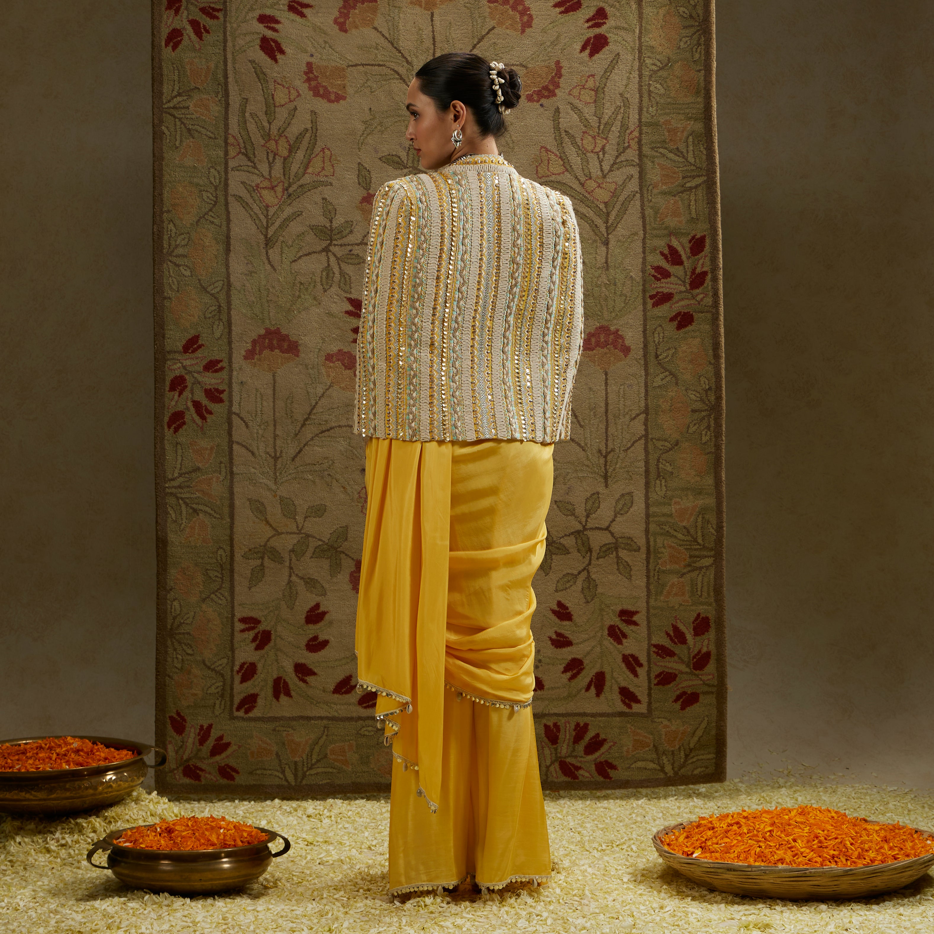 Mehek: Dandelion Pre-Draped Saree Paired With Metal Embellished Bustier And Embellished Cape Jacket