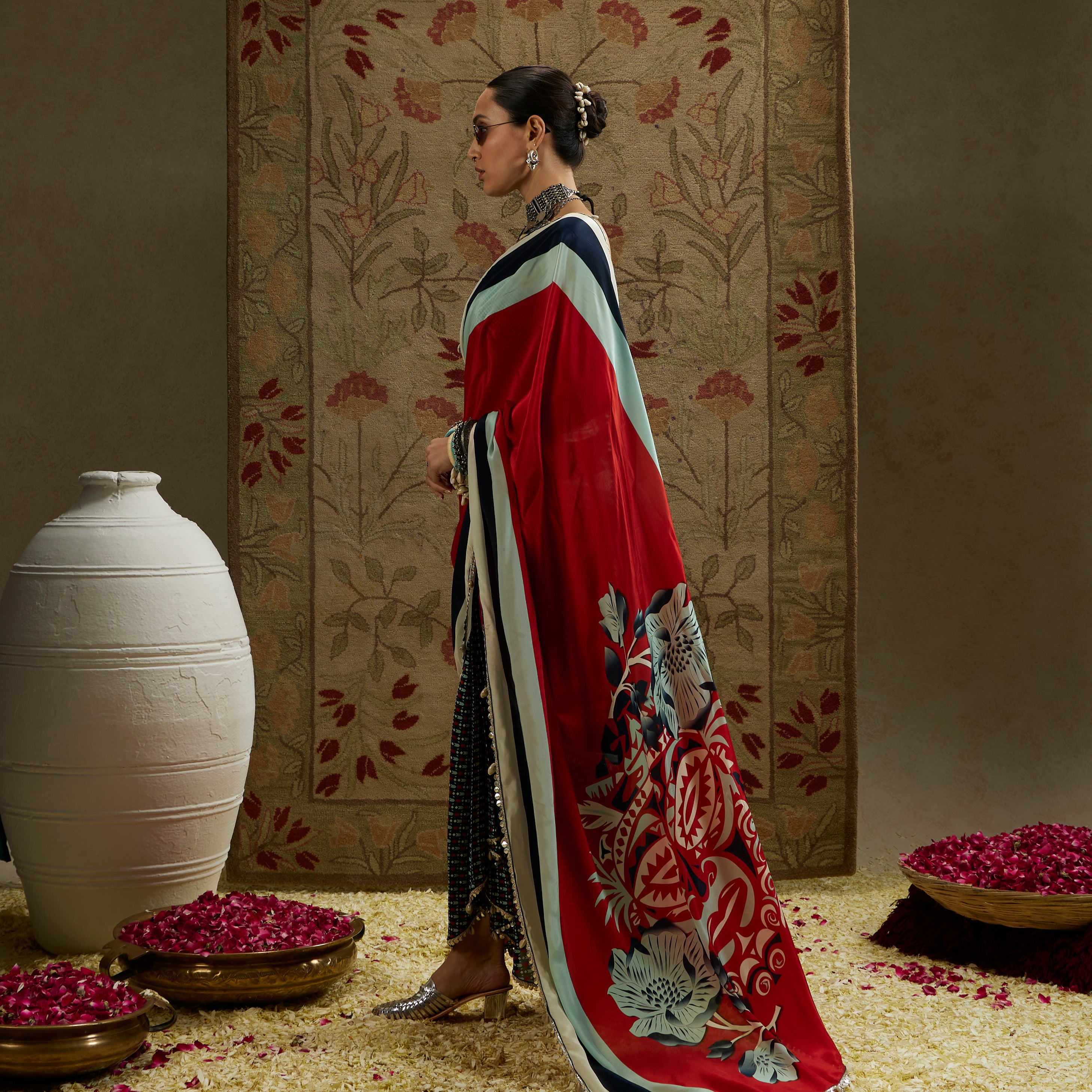 RED MASK PRINT CASCADE SAREE WITH METAL EMBELLISHED BUSTIER