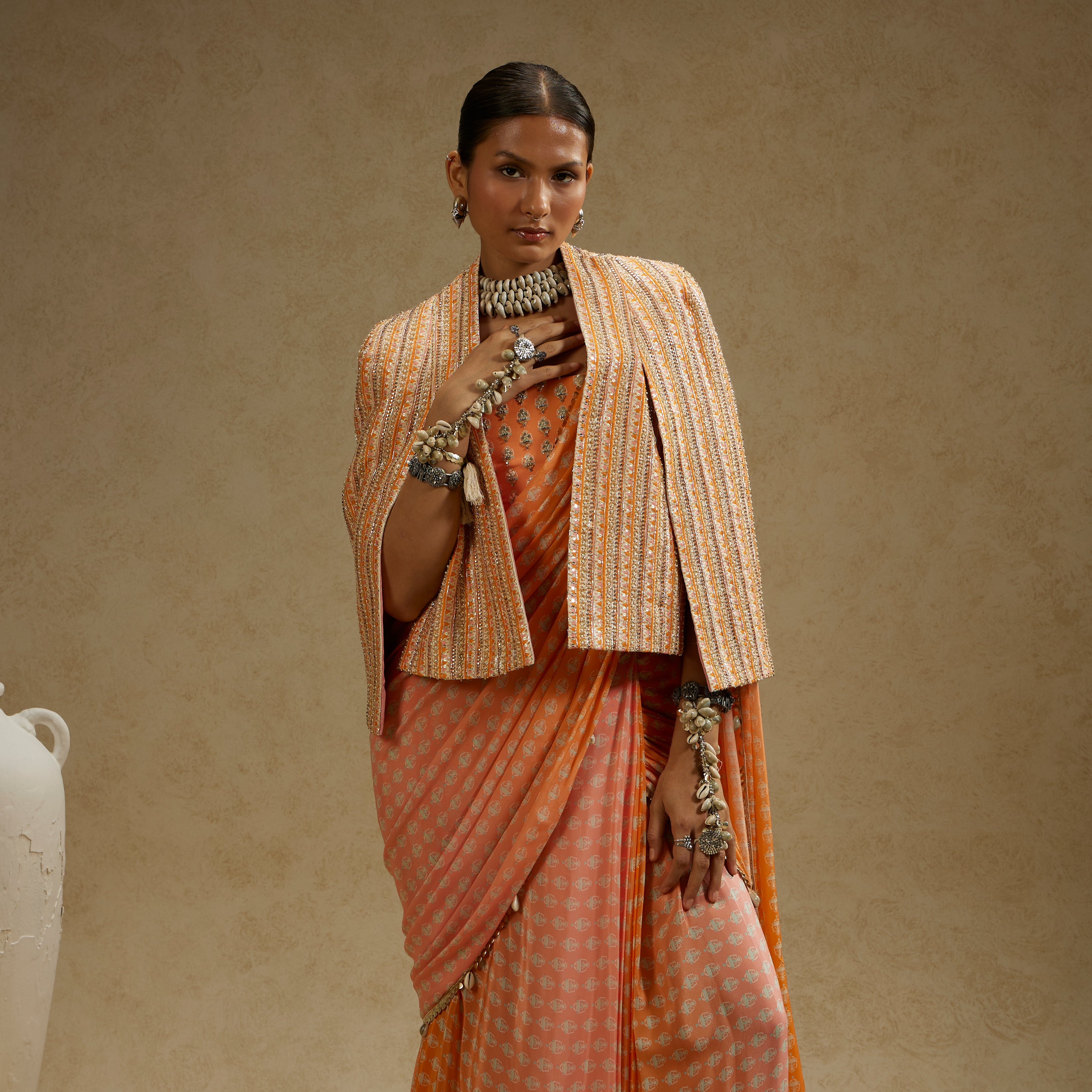 ORANGE PINK OMBRE PRINT CASCADE SAREE WITH BUSTIER & EMBELLISHED NOOR JACKET