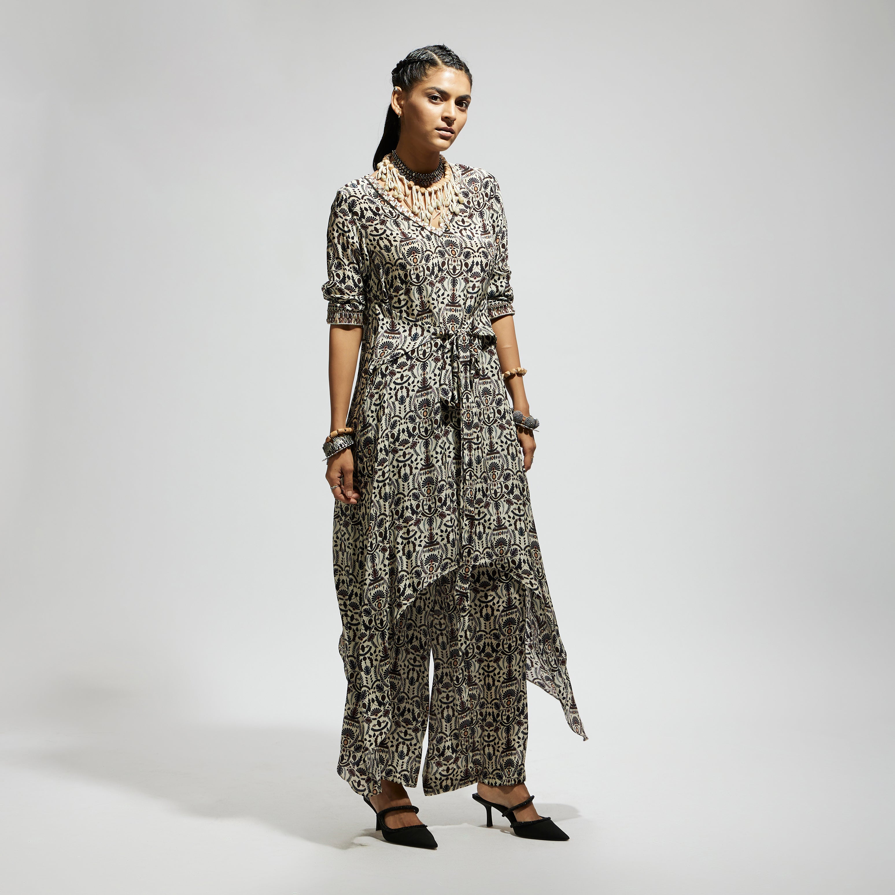 WHITE JAAL PRINT FRONT TIE UP TUNIC