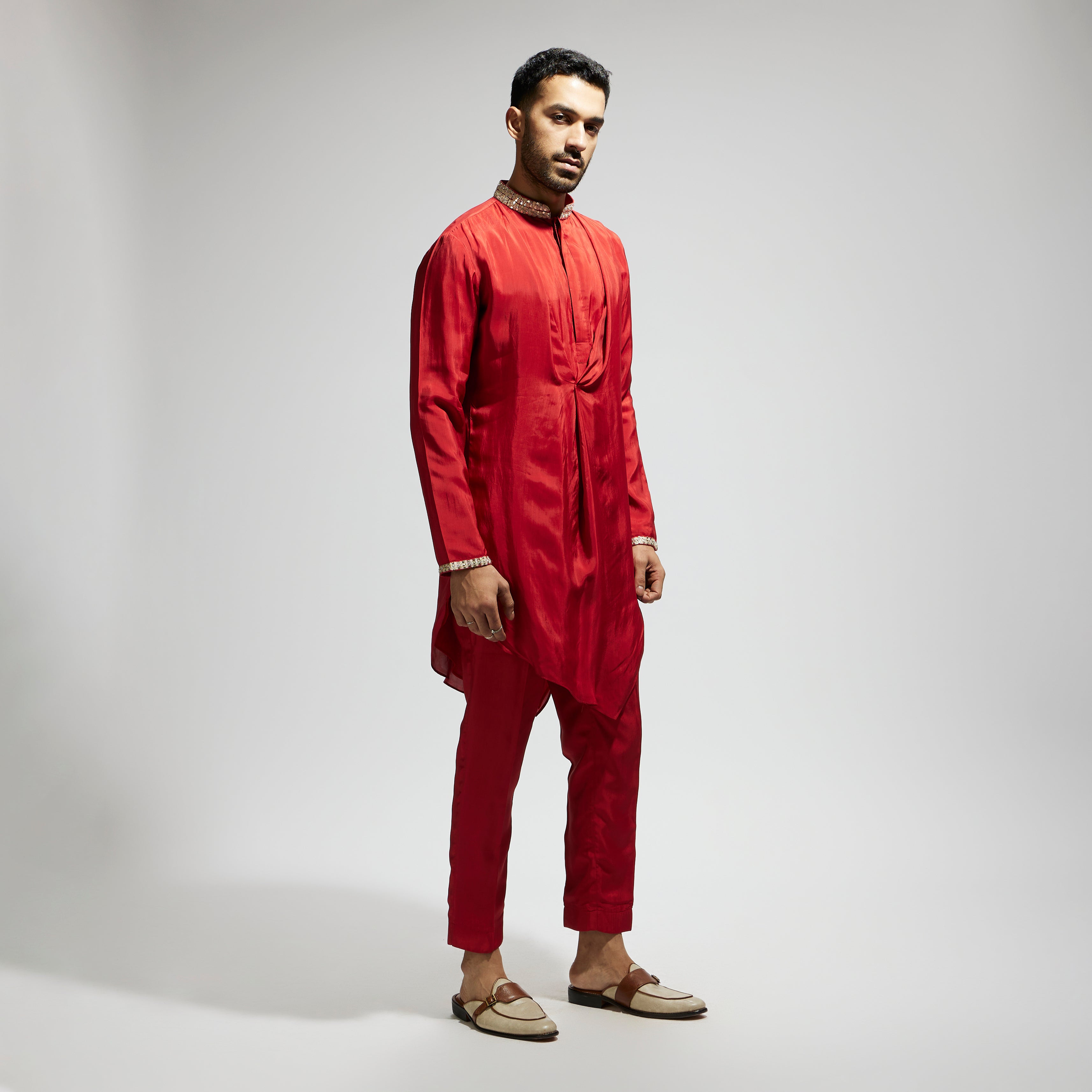 SAMSARA: ORANGE SOLID KURTA WITH EMBELLISHED COLLAR AND PANTS