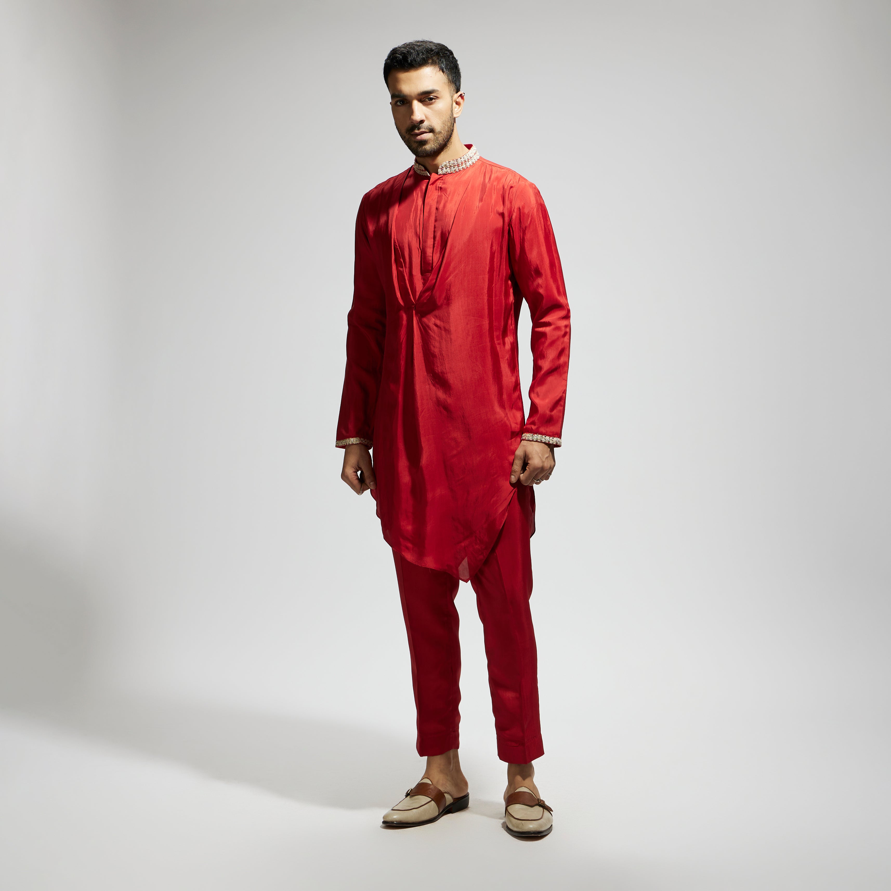 SAMSARA: ORANGE SOLID KURTA WITH EMBELLISHED COLLAR AND PANTS