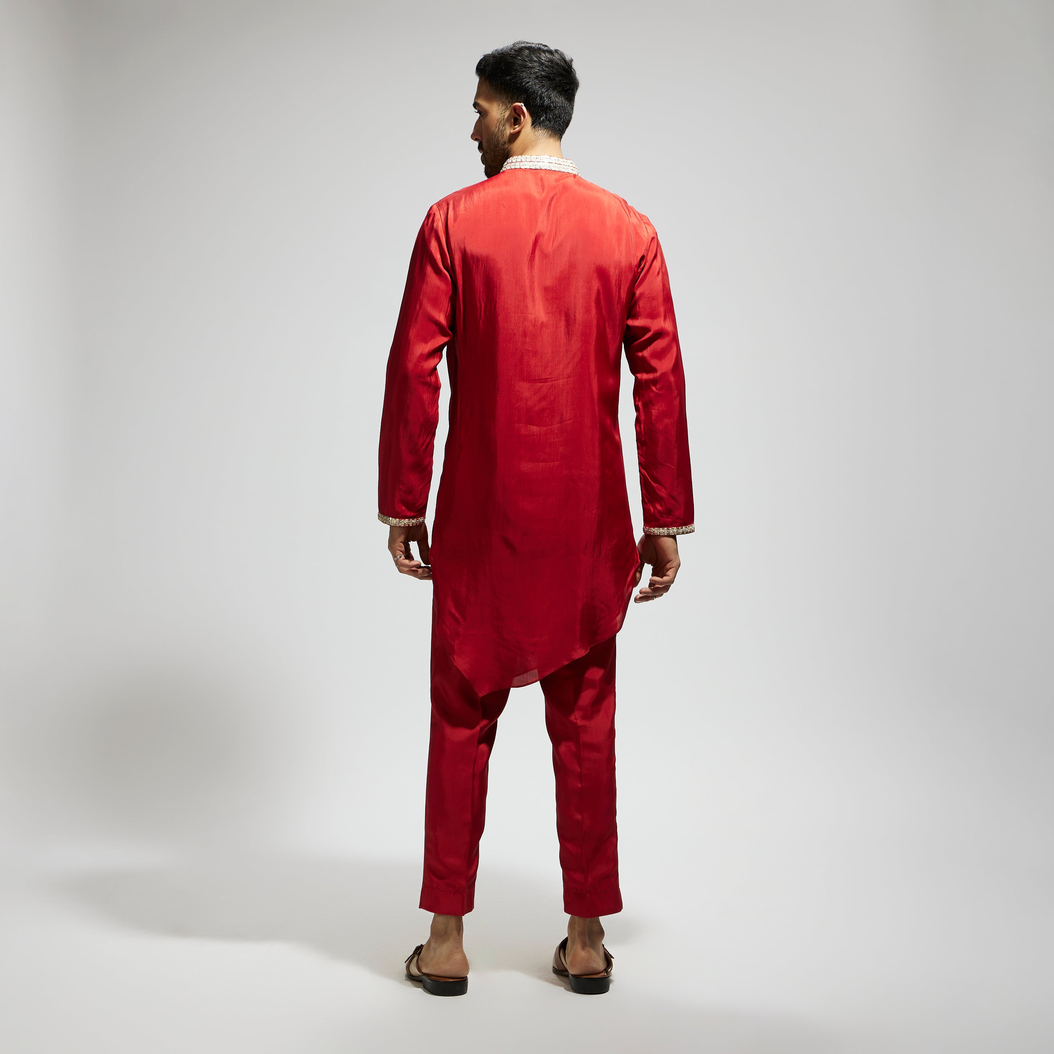 SAMSARA: ORANGE SOLID KURTA WITH EMBELLISHED COLLAR AND PANTS