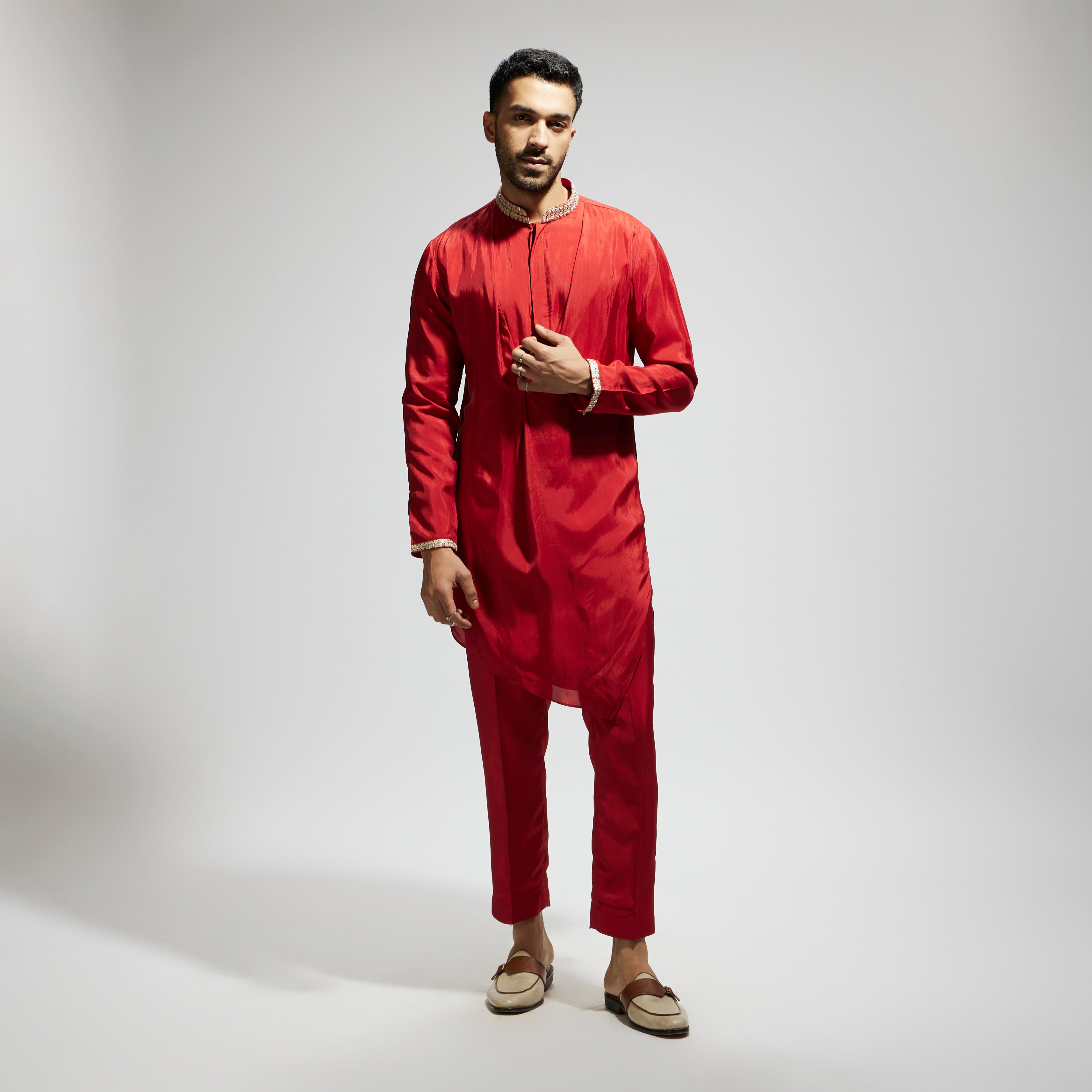 SAMSARA: ORANGE SOLID KURTA WITH EMBELLISHED COLLAR AND PANTS