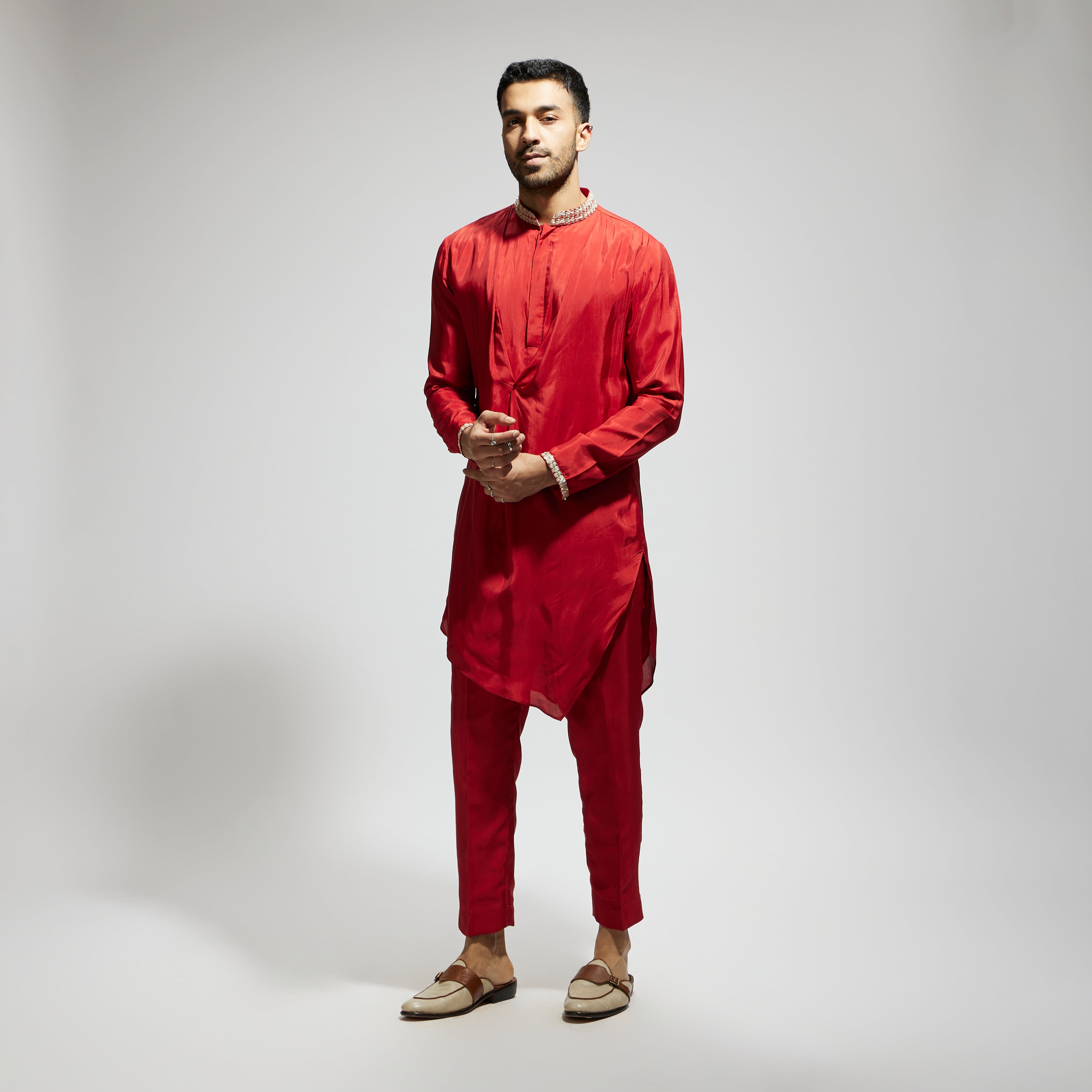 SAMSARA: ORANGE SOLID KURTA WITH EMBELLISHED COLLAR AND PANTS