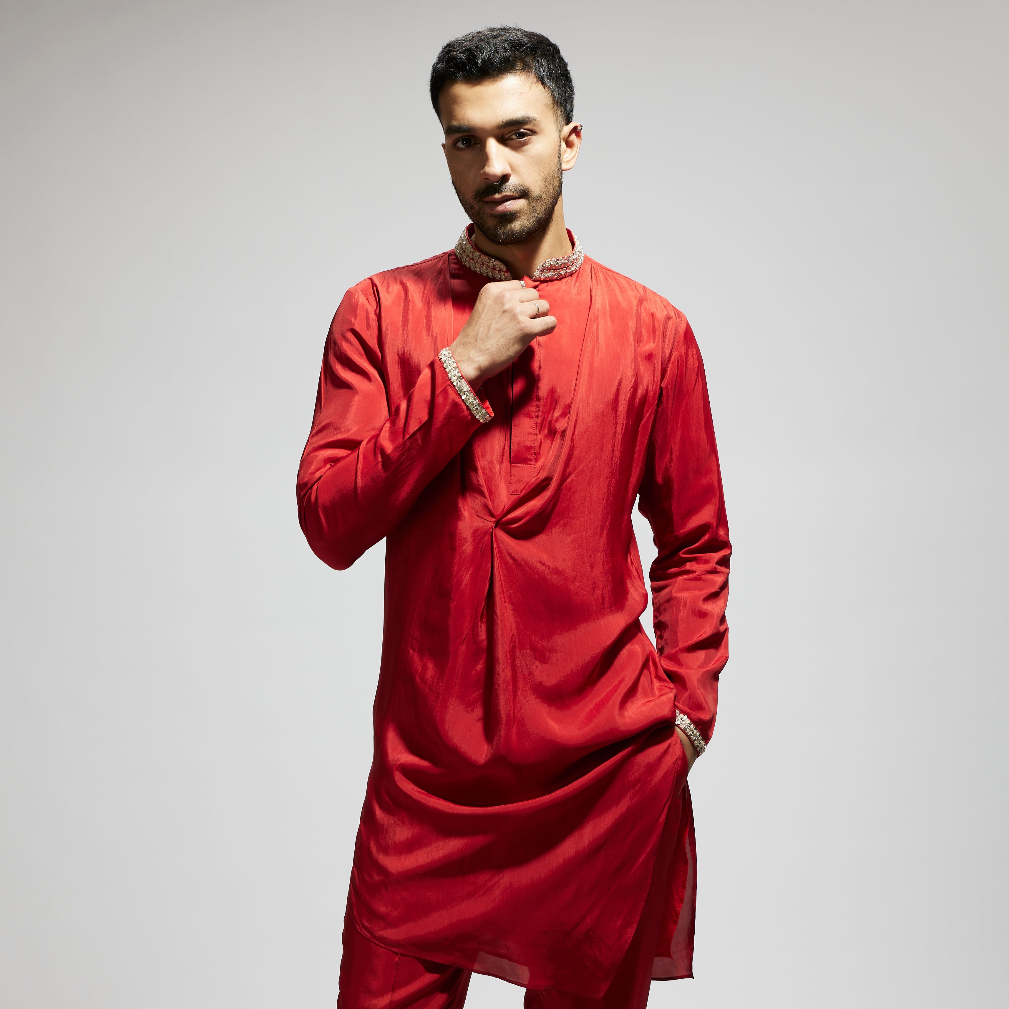 SAMSARA: ORANGE SOLID KURTA WITH EMBELLISHED COLLAR AND PANTS