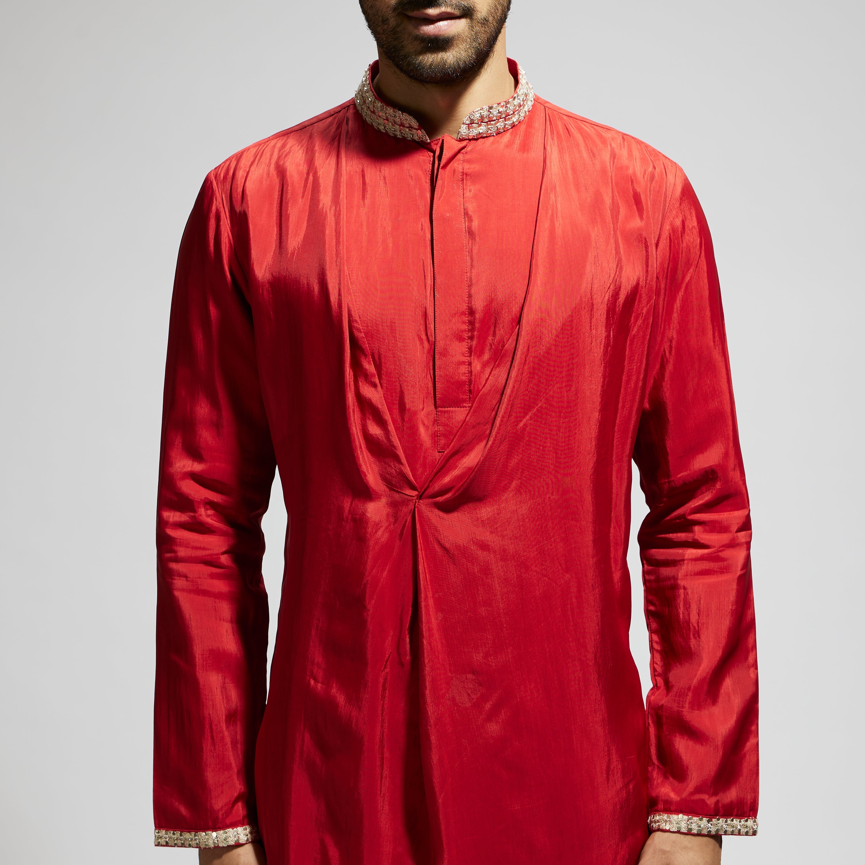 SAMSARA: ORANGE SOLID KURTA WITH EMBELLISHED COLLAR AND PANTS