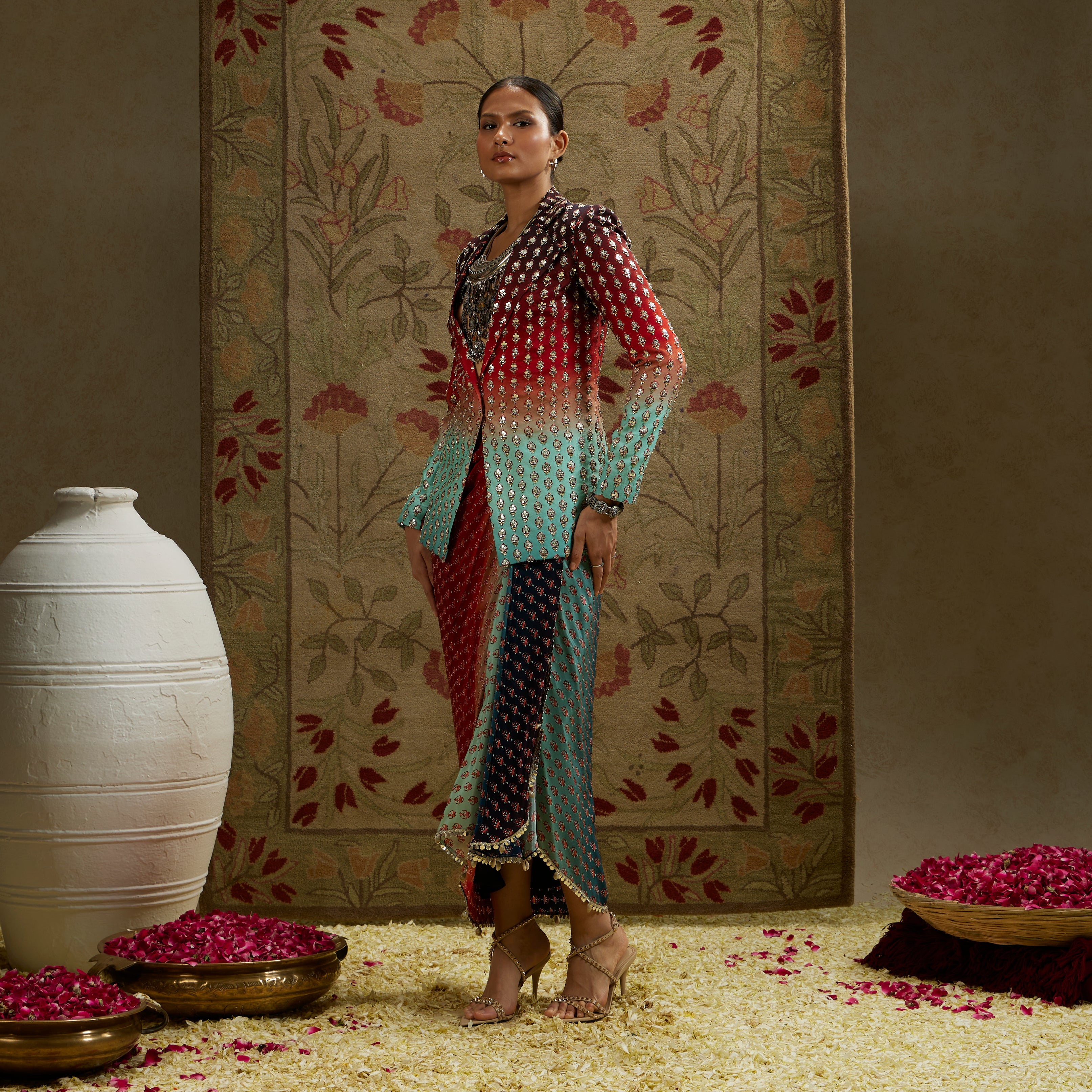 RED BLUE OMBRE PRINT EMBELLISHED BLAZER PAIRED WITH DRAPE SKIRT