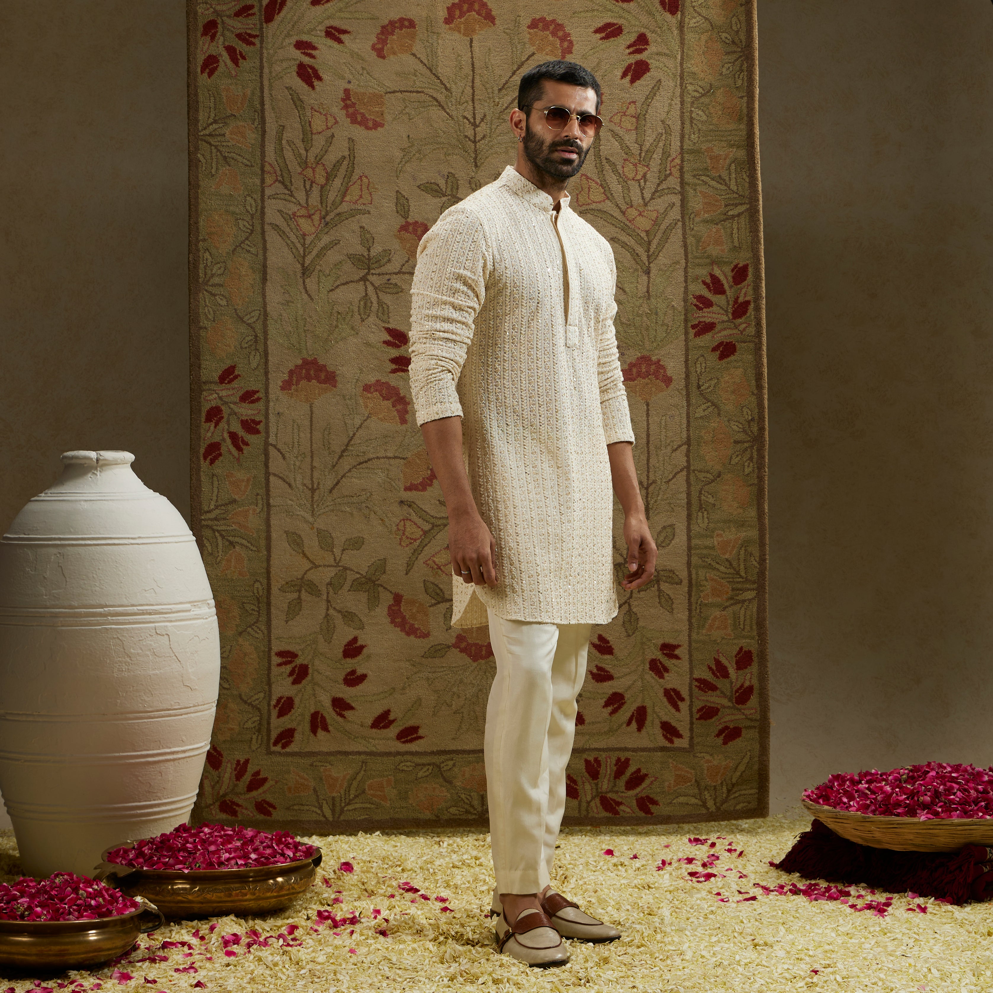 Cream Lucknowi Kurta Set