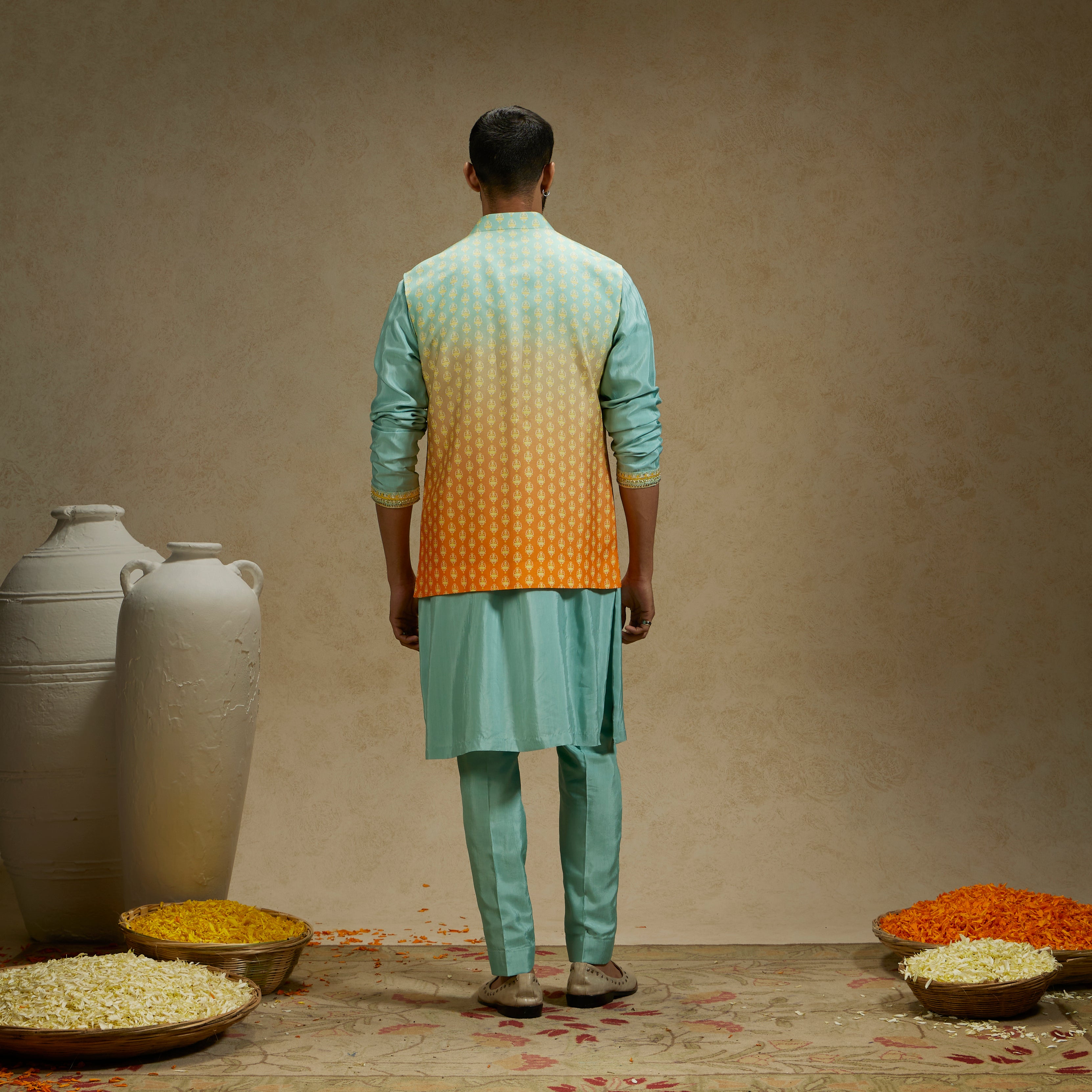 MEHEK: ORANGE BLUE OMBRE BUTTI PRINTED BUNDI WITH BLUE KURTA AND PANT