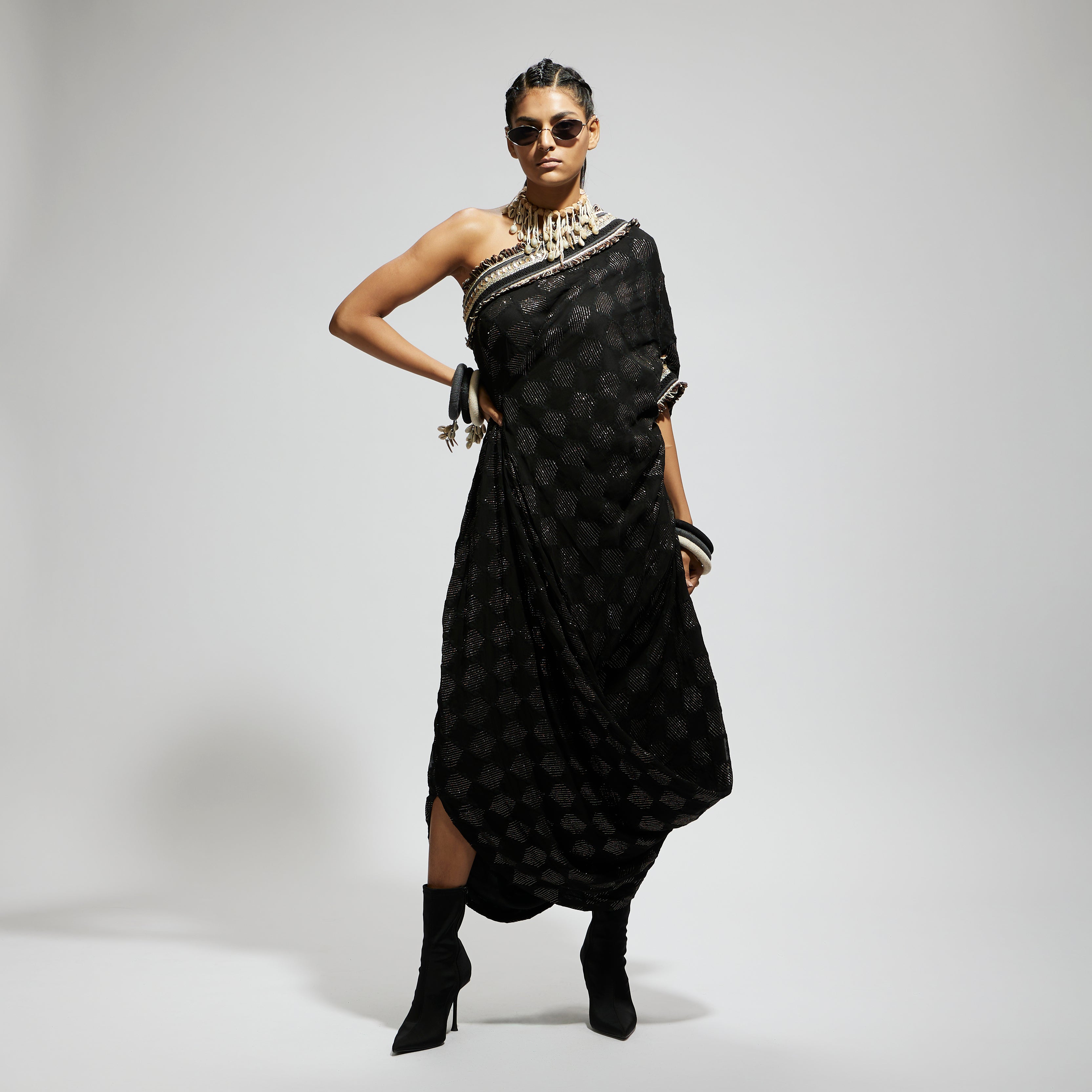 BLACK AZTEC ONE SHOULDER COWL DRESS WITH CUFF