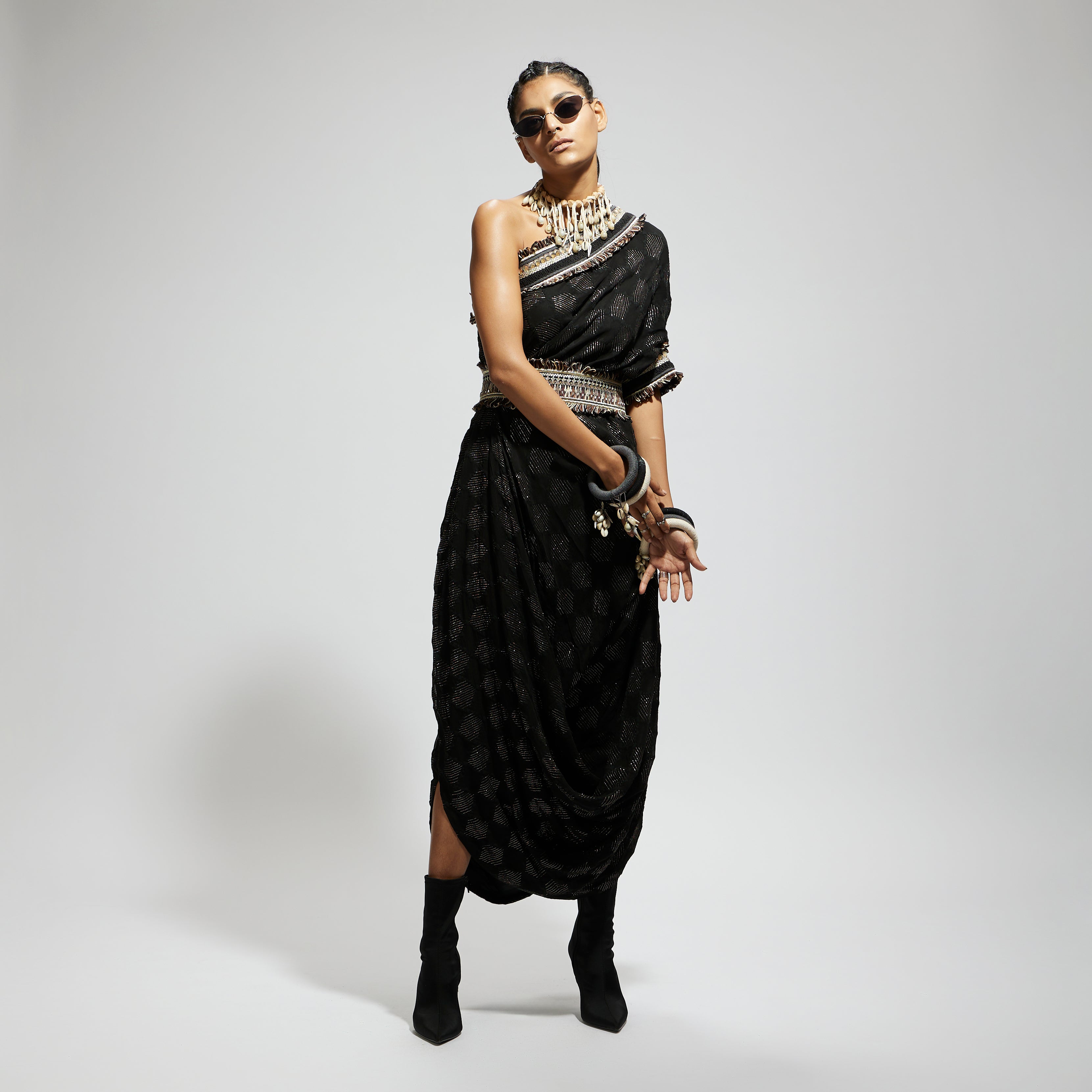 BLACK AZTEC ONE SHOULDER COWL DRESS WITH CUFF