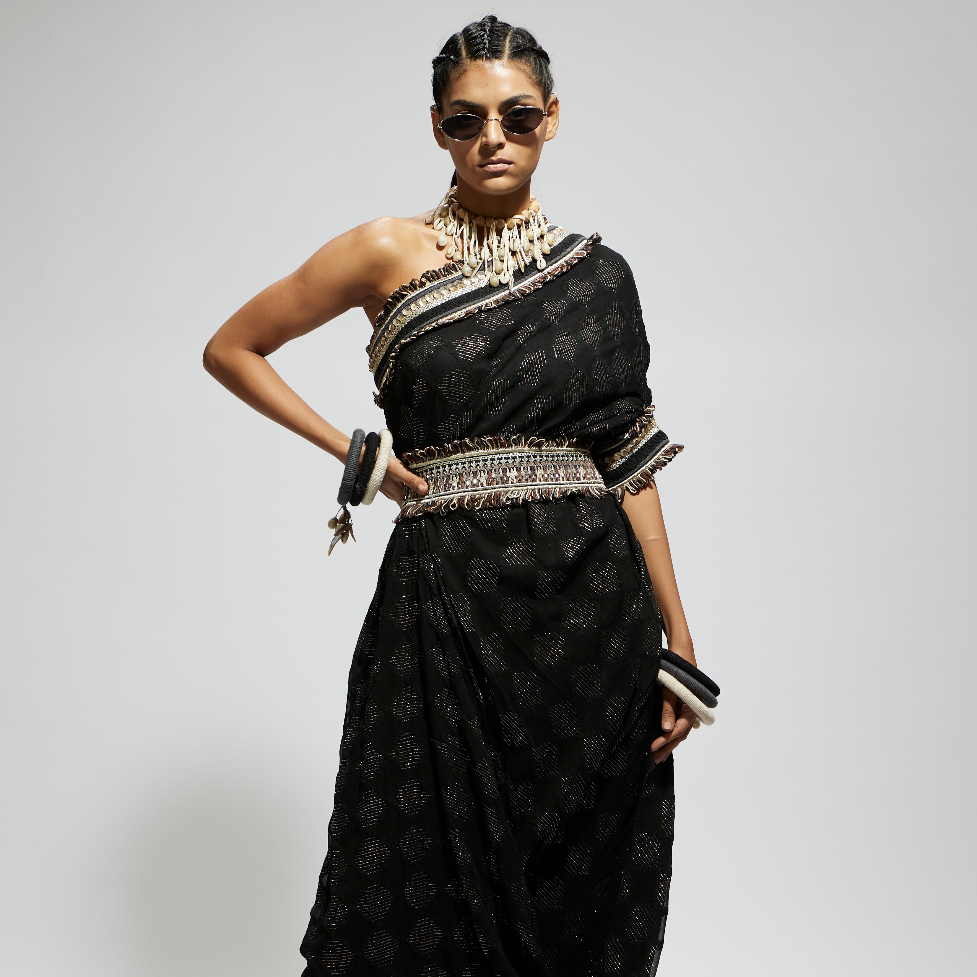 BLACK AZTEC ONE SHOULDER COWL DRESS WITH CUFF