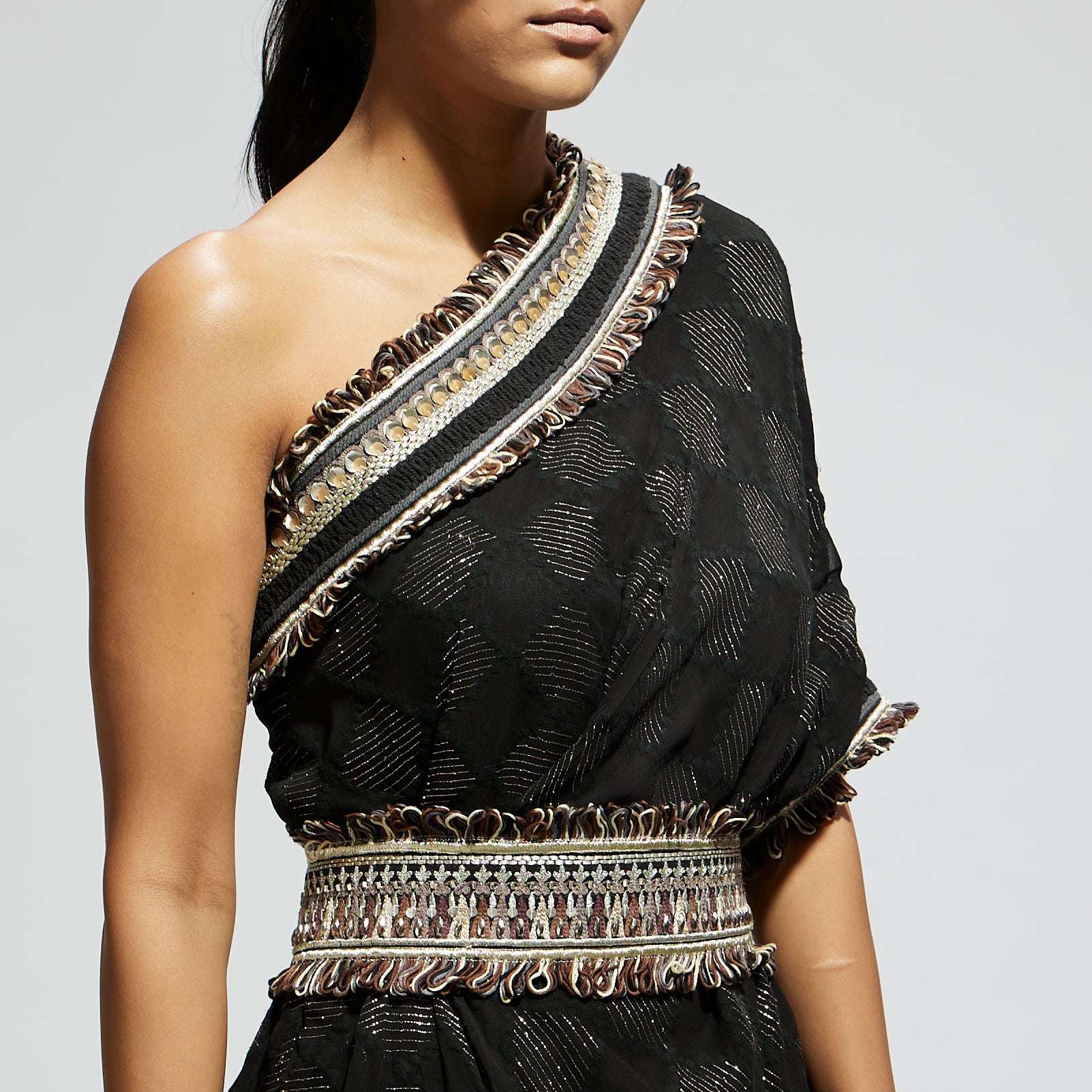 BLACK AZTEC ONE SHOULDER COWL DRESS WITH CUFF