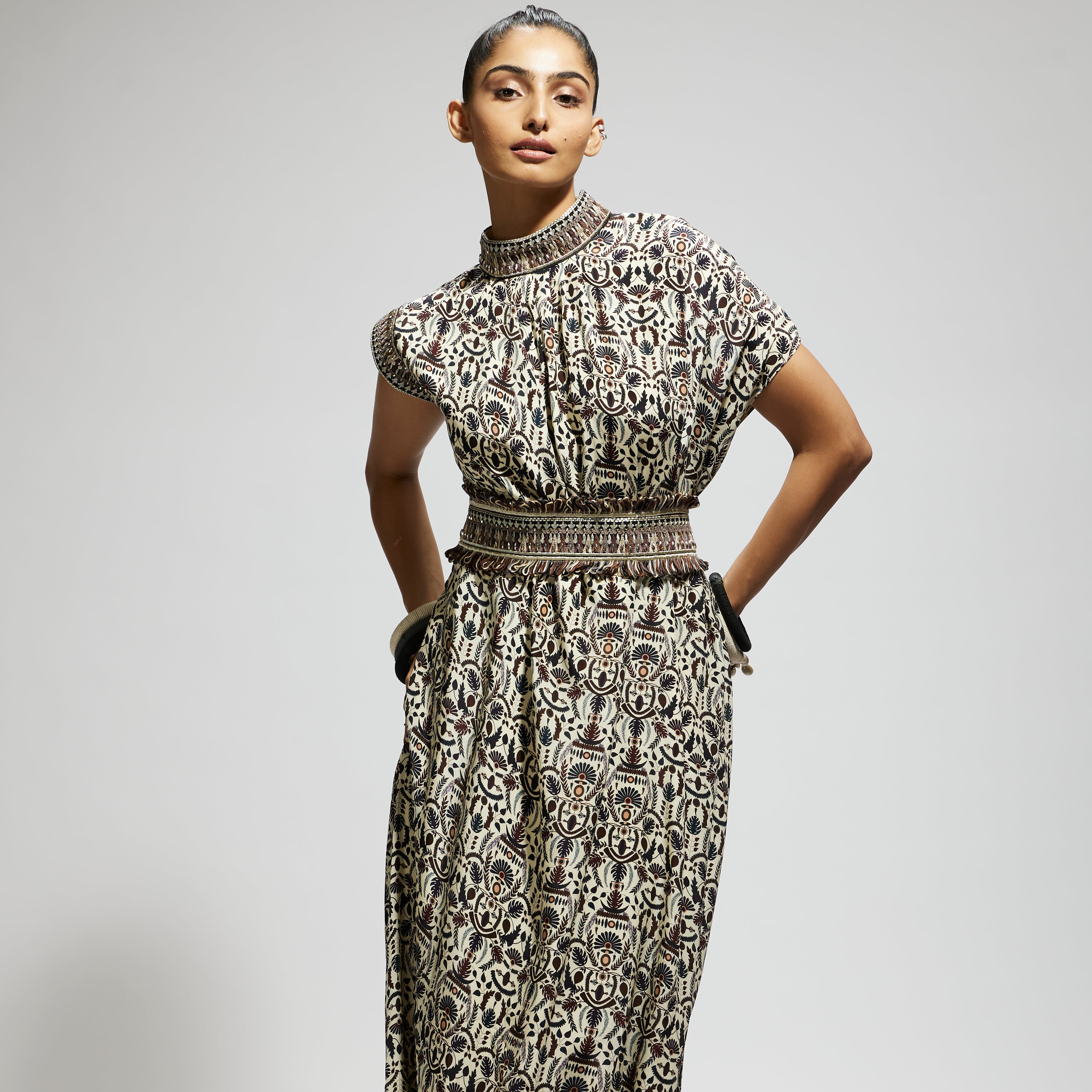 WHITE LEAF JAAL PRINTED COWL DRESS TEAMED WITH A BELT