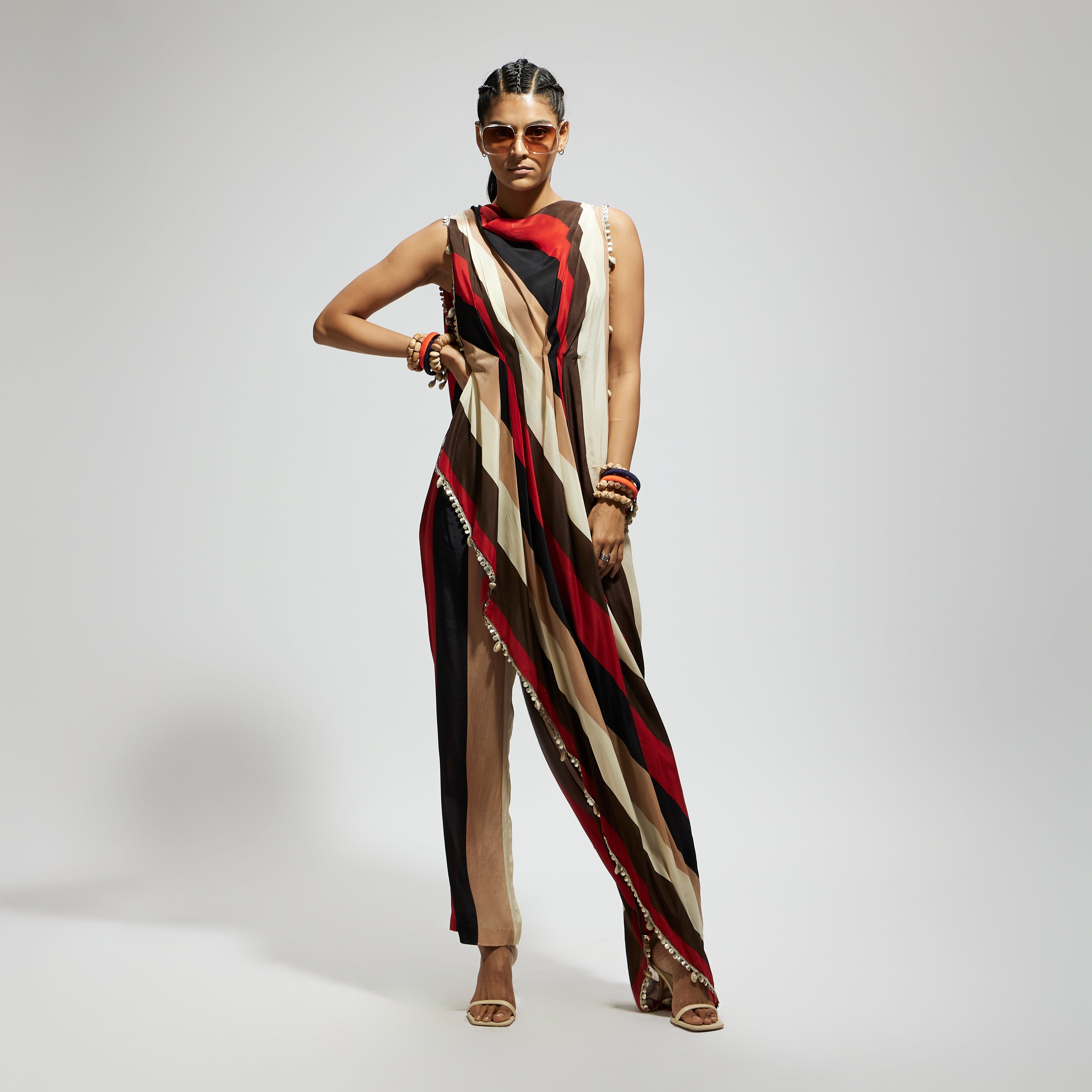 SAMSARA STRIPE PRINT CROP TOP WITH ATTACHED DRAPE WITH PANTS
