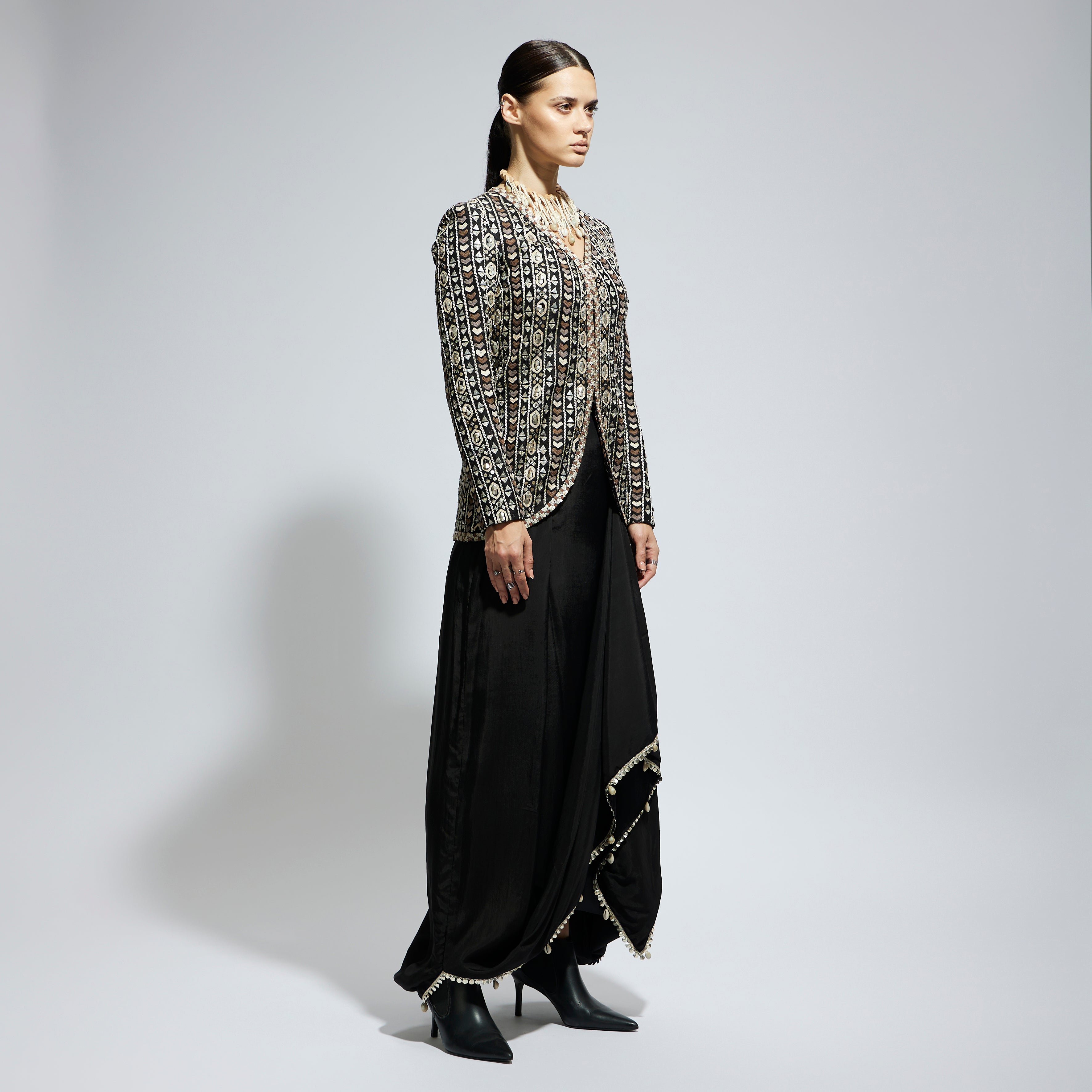 SAMSARA: BLACK EMBELLISHED JACKET PAIRED WITH DRAPE SKIRT