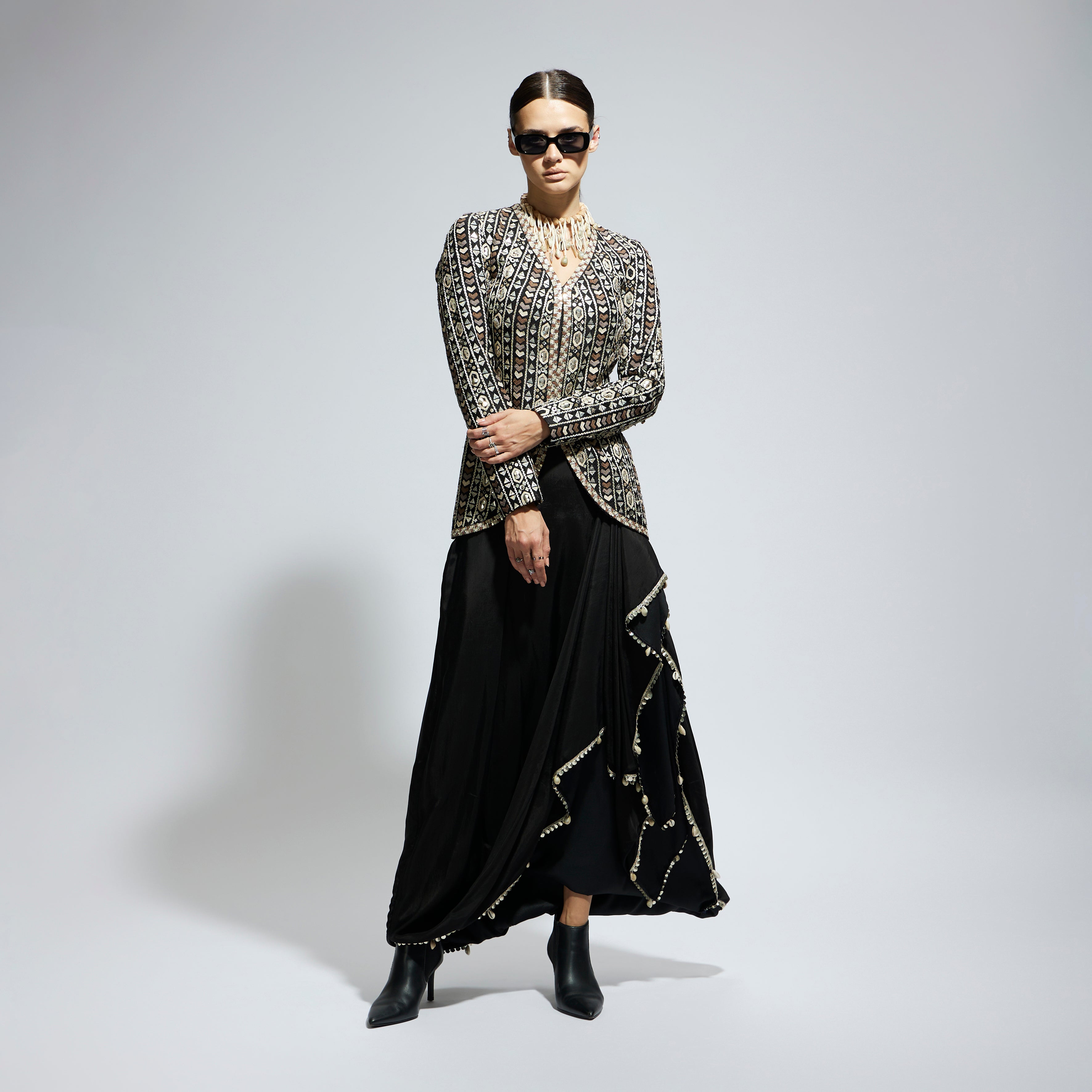 SAMSARA: BLACK EMBELLISHED JACKET PAIRED WITH DRAPE SKIRT