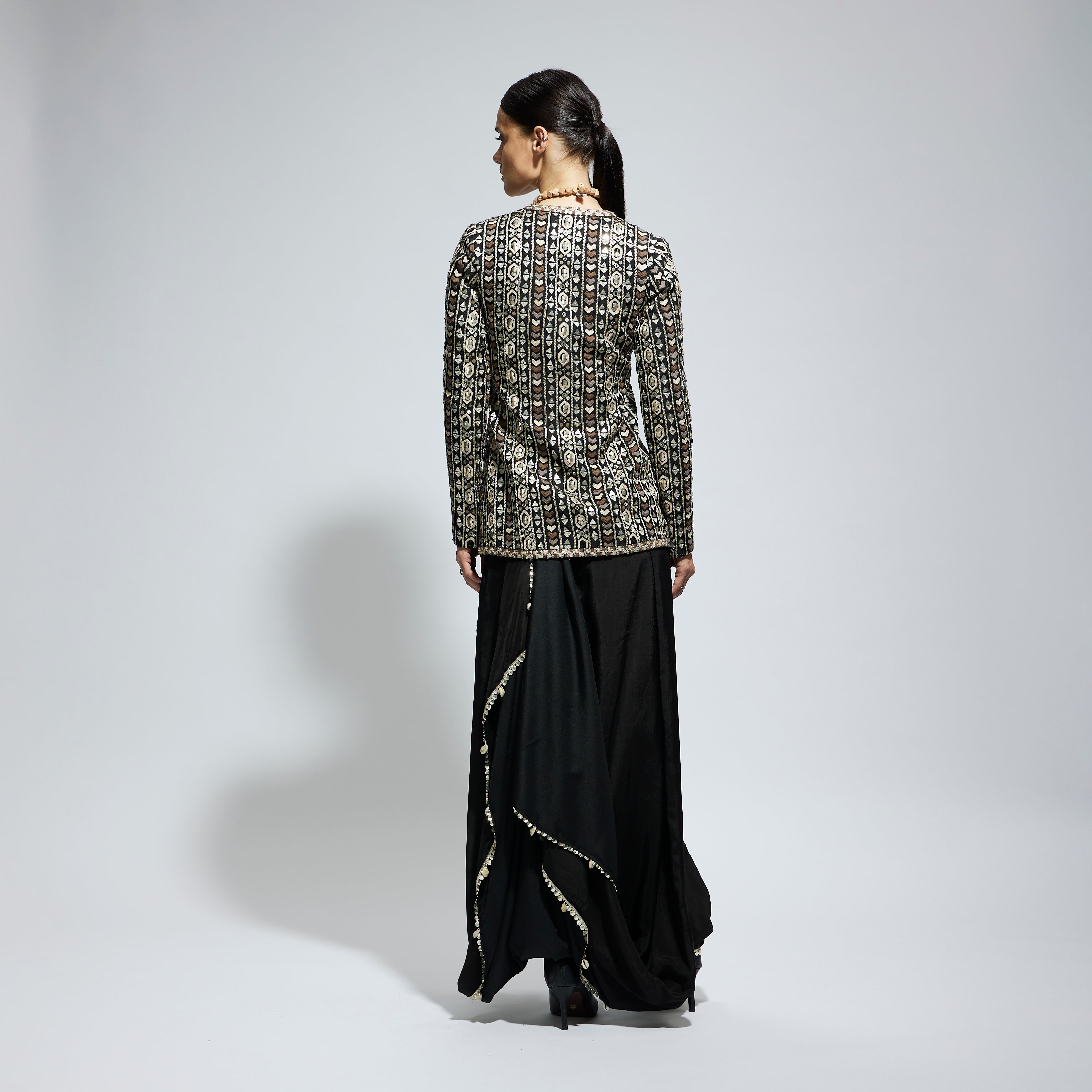 SAMSARA: BLACK EMBELLISHED JACKET PAIRED WITH DRAPE SKIRT