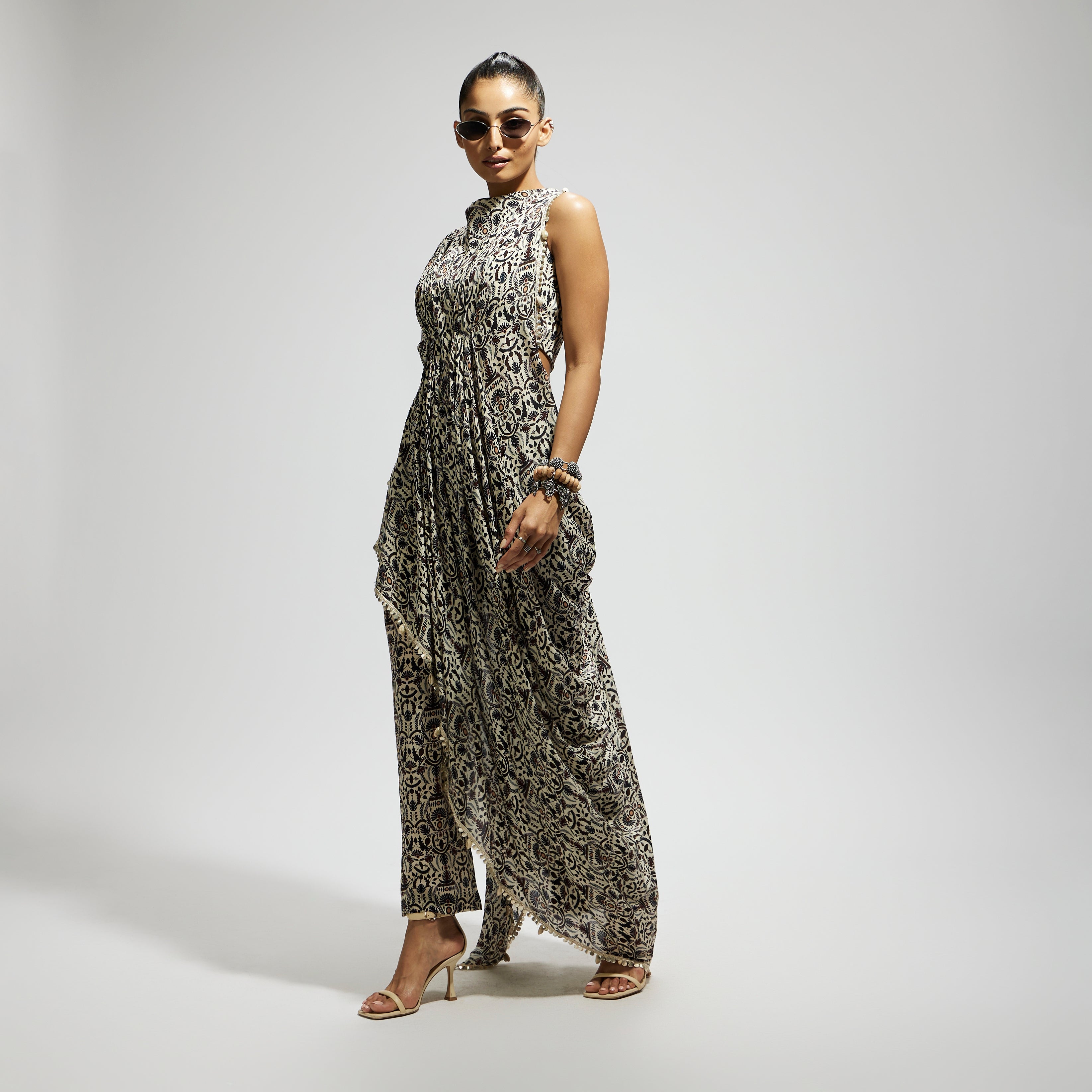 WHITE JAAL PRINT CROP TOP WITH ATTACHED DRAPE WITH PANTS