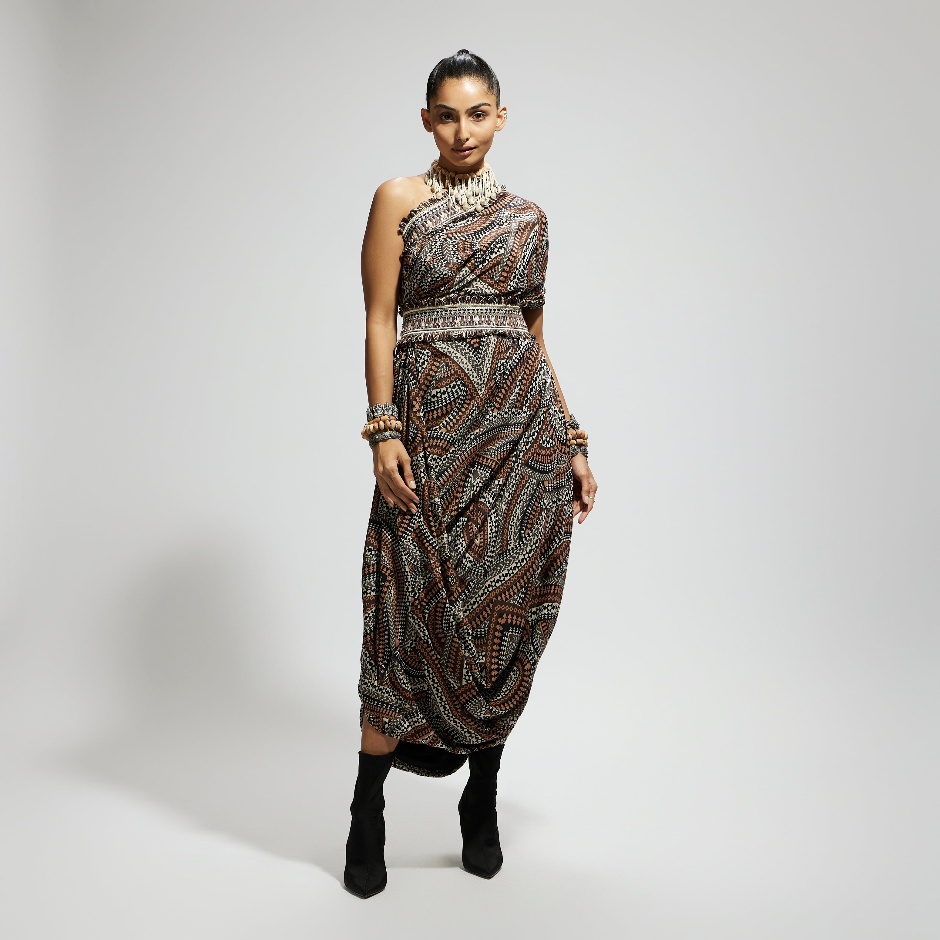 SAMSARA: ZENTANGLE PRINTED ONE SHOULDER COWL DRESS TEAMED WITH A BELT