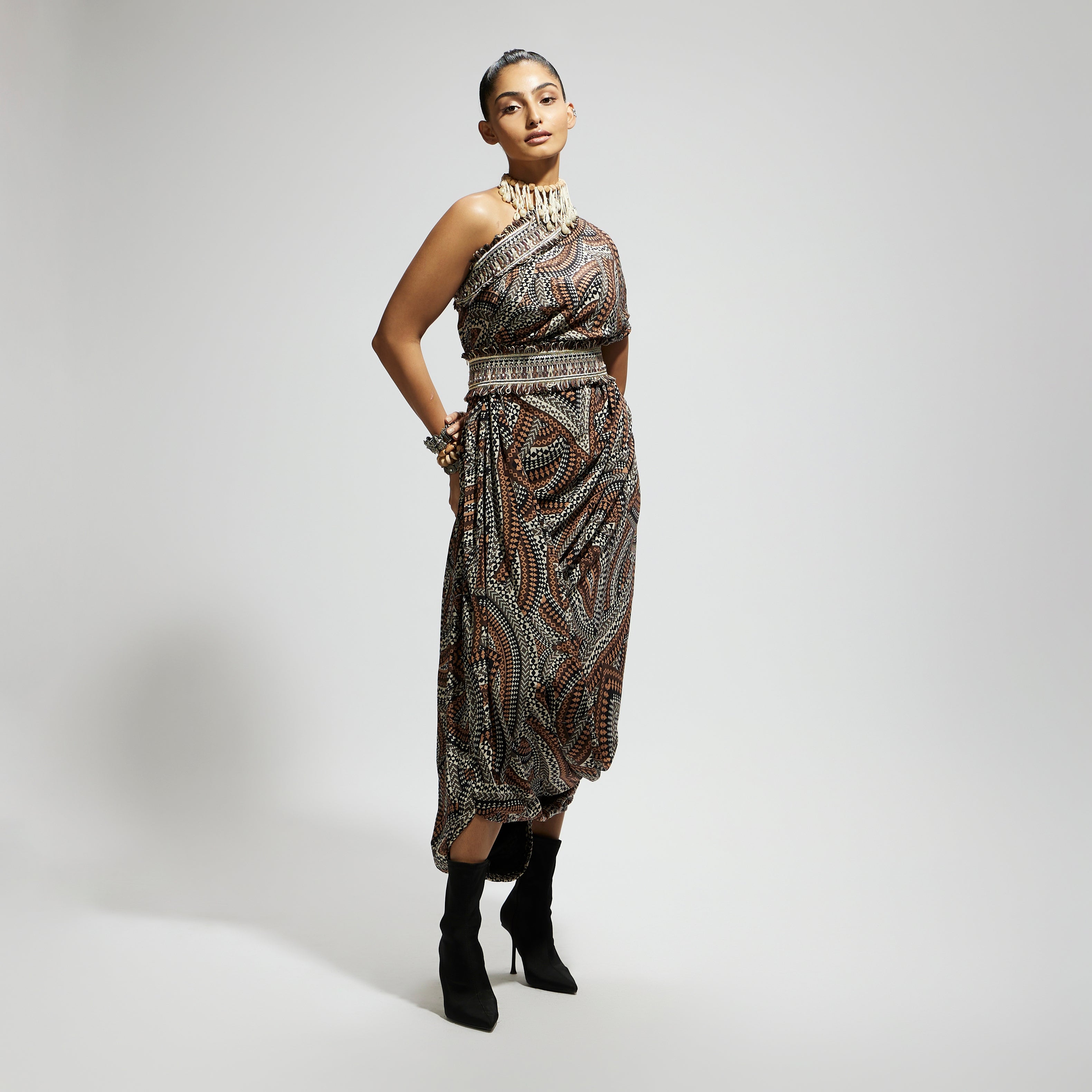 SAMSARA: ZENTANGLE PRINTED ONE SHOULDER COWL DRESS TEAMED WITH A BELT